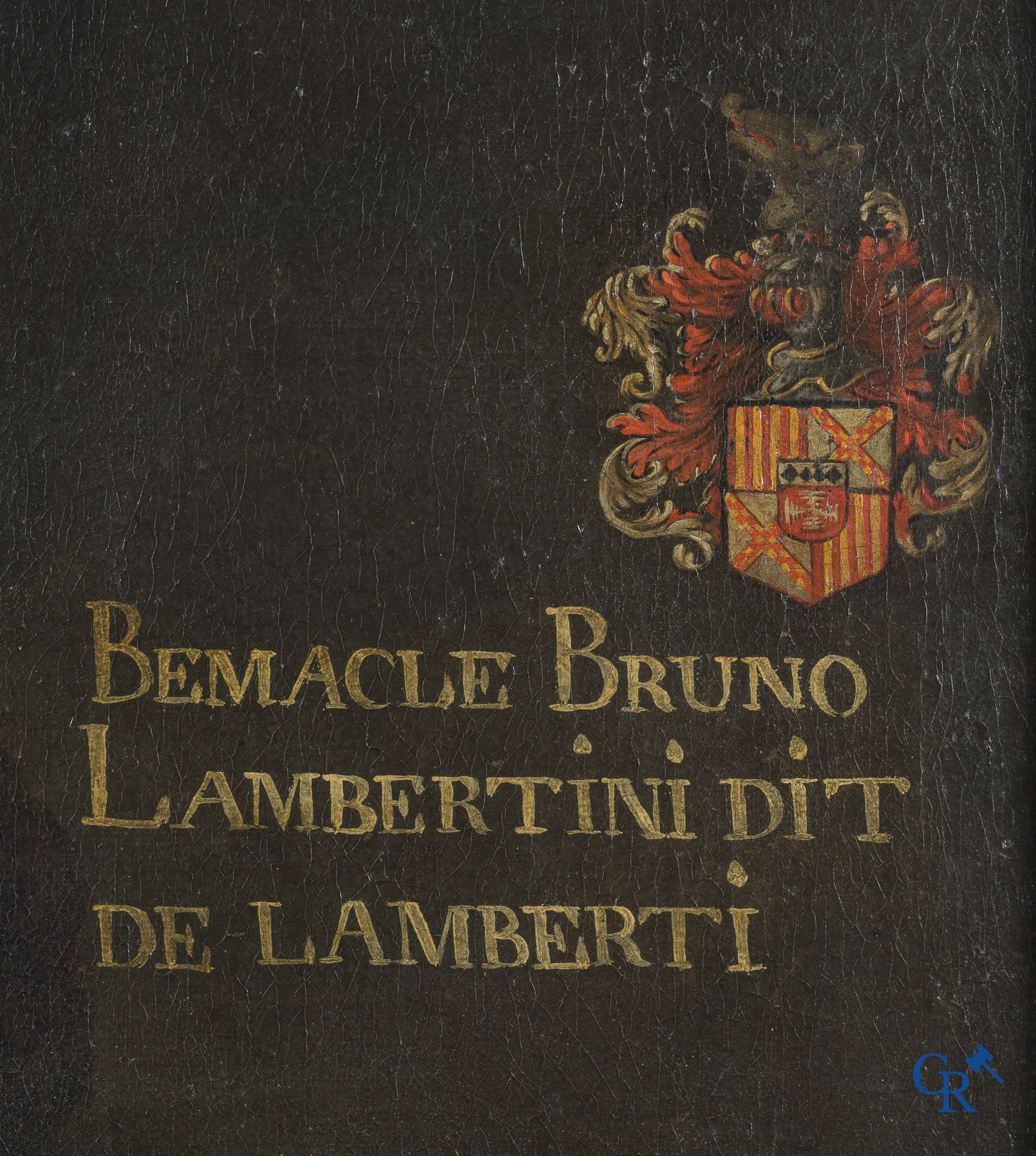 Portretschilderij van een edelman met wapenschild. Opschrift Bemacle Bruno Lambertini dit De Lamberti. 17e eeuw.