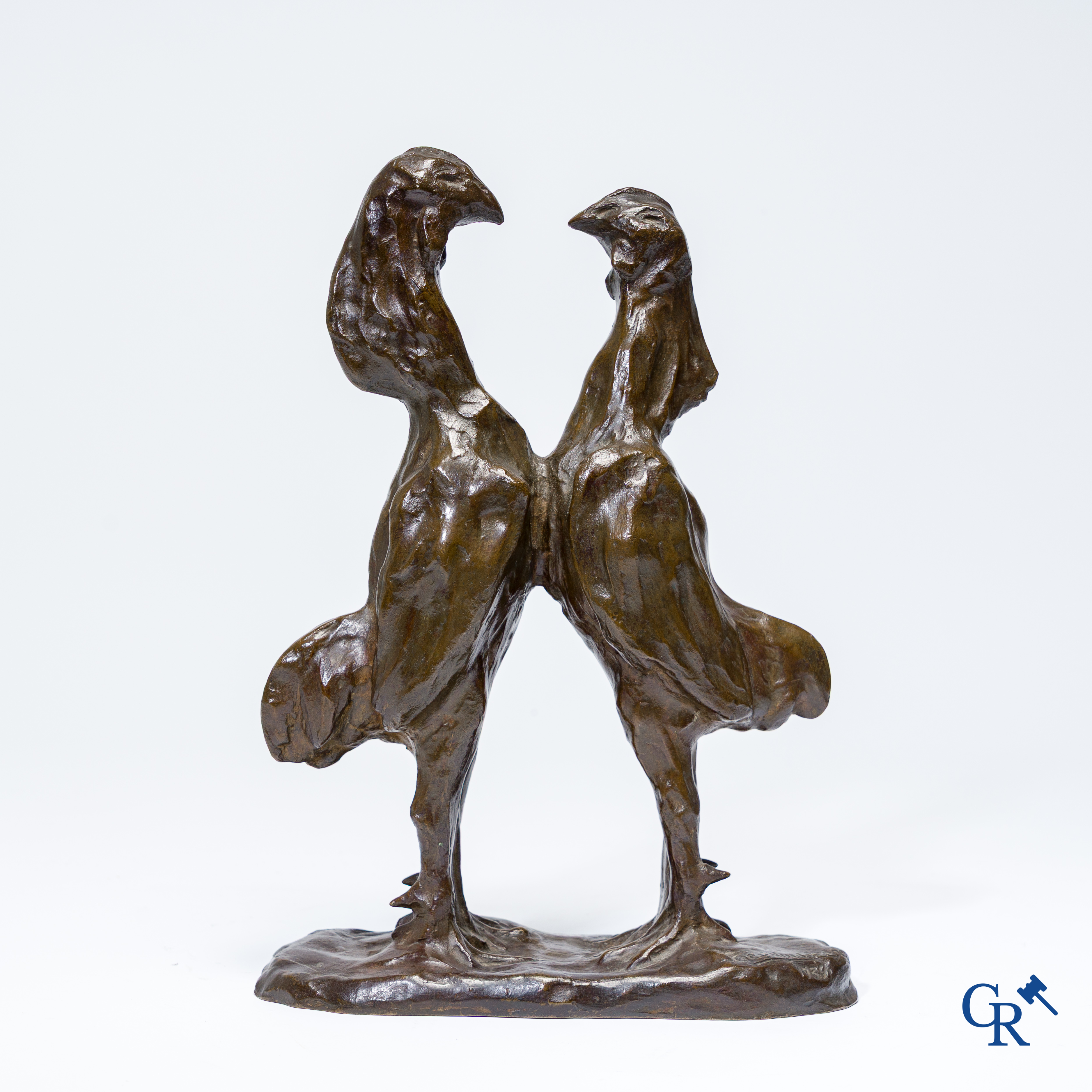 Geo Vindevogel (1923-1977) (*) Brons met bruine patine, 2 vechtende hanen. Gesigneerd Geo Vindevogel en gedateerd 1939.