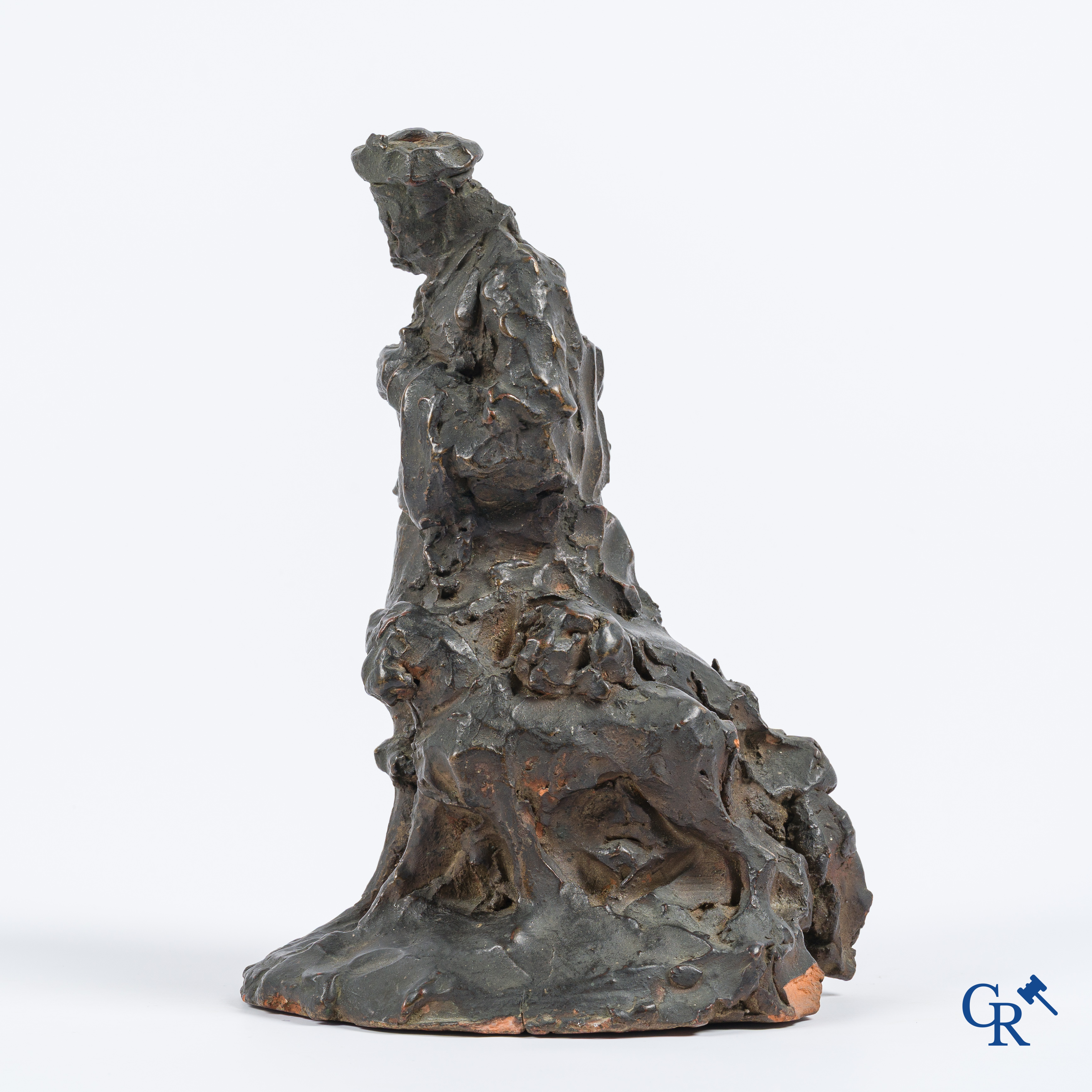 Esquisse (schets) in terra cotta van een jager met hond. Niet gesigneerd. 19e eeuw.