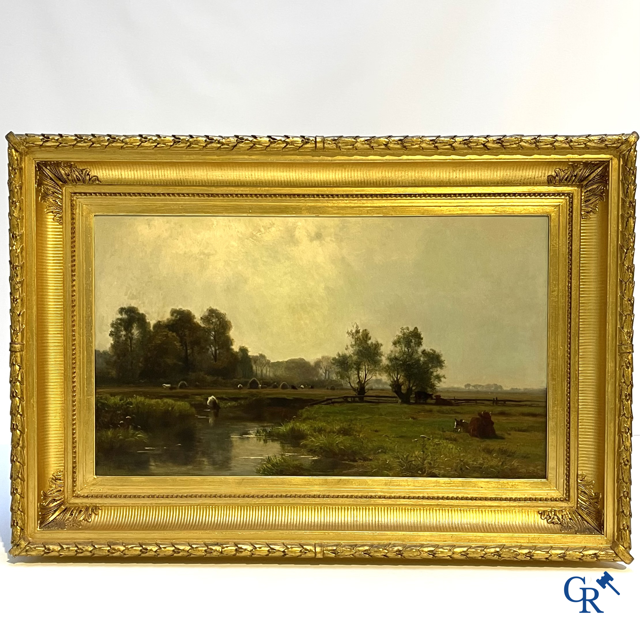 Edmond de Schampheleer (1824-1899) Schilderij, olie op doek. Landschap met koeien langs een rivier.