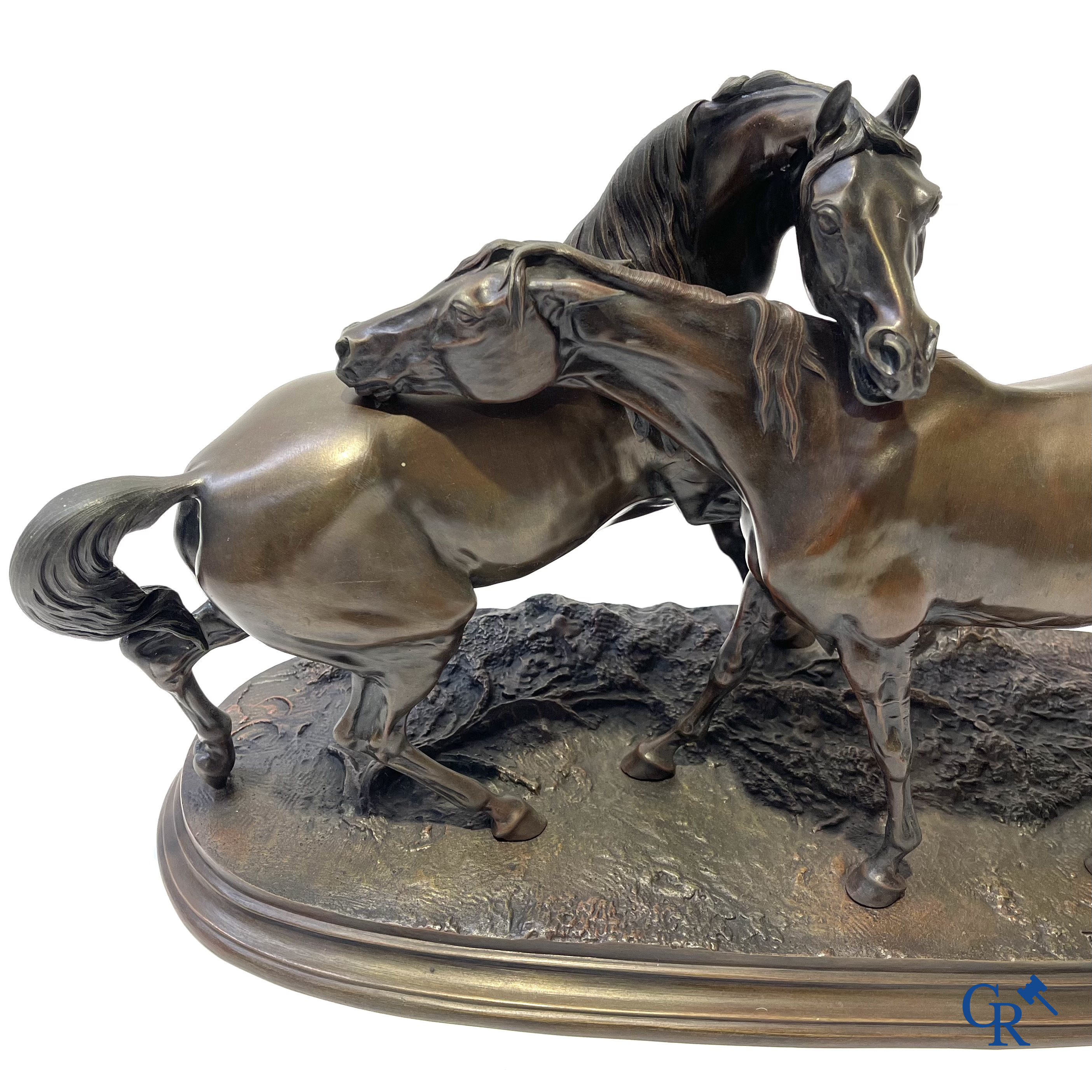 Pierre-Jules Mène (1810-1879) (Naar). L'Accolade, groep met Arabische paarden. Gesigneerd.