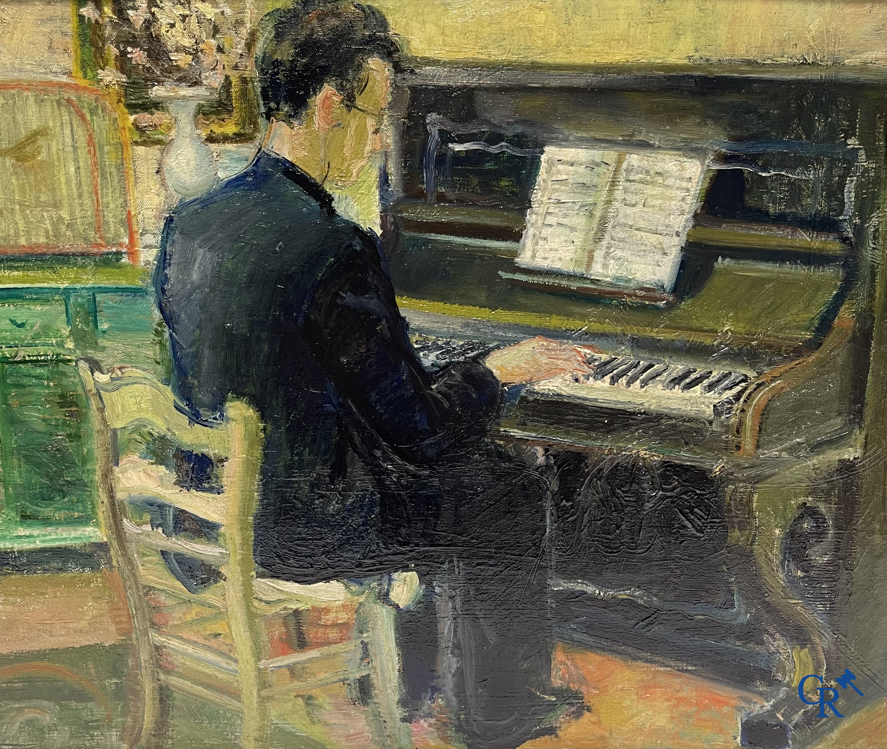 De pianist. Schilderij, olie op doek. Niet gesigneerd.