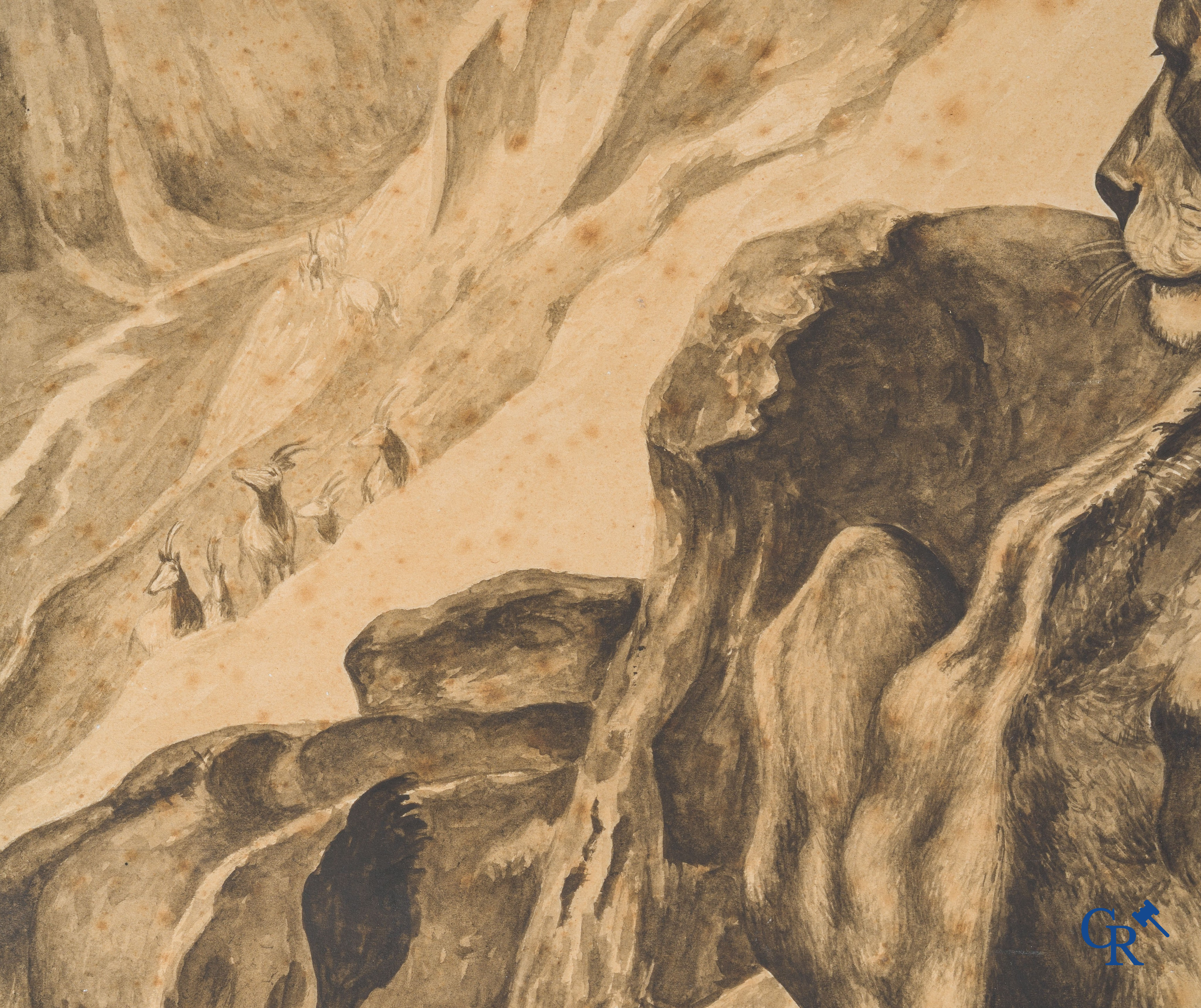 Jouve Paul (1878-1973) 2 leeuwen observeren hun prooi. Waterverf en potlood op tekenpapier. Gedateerd 1932.