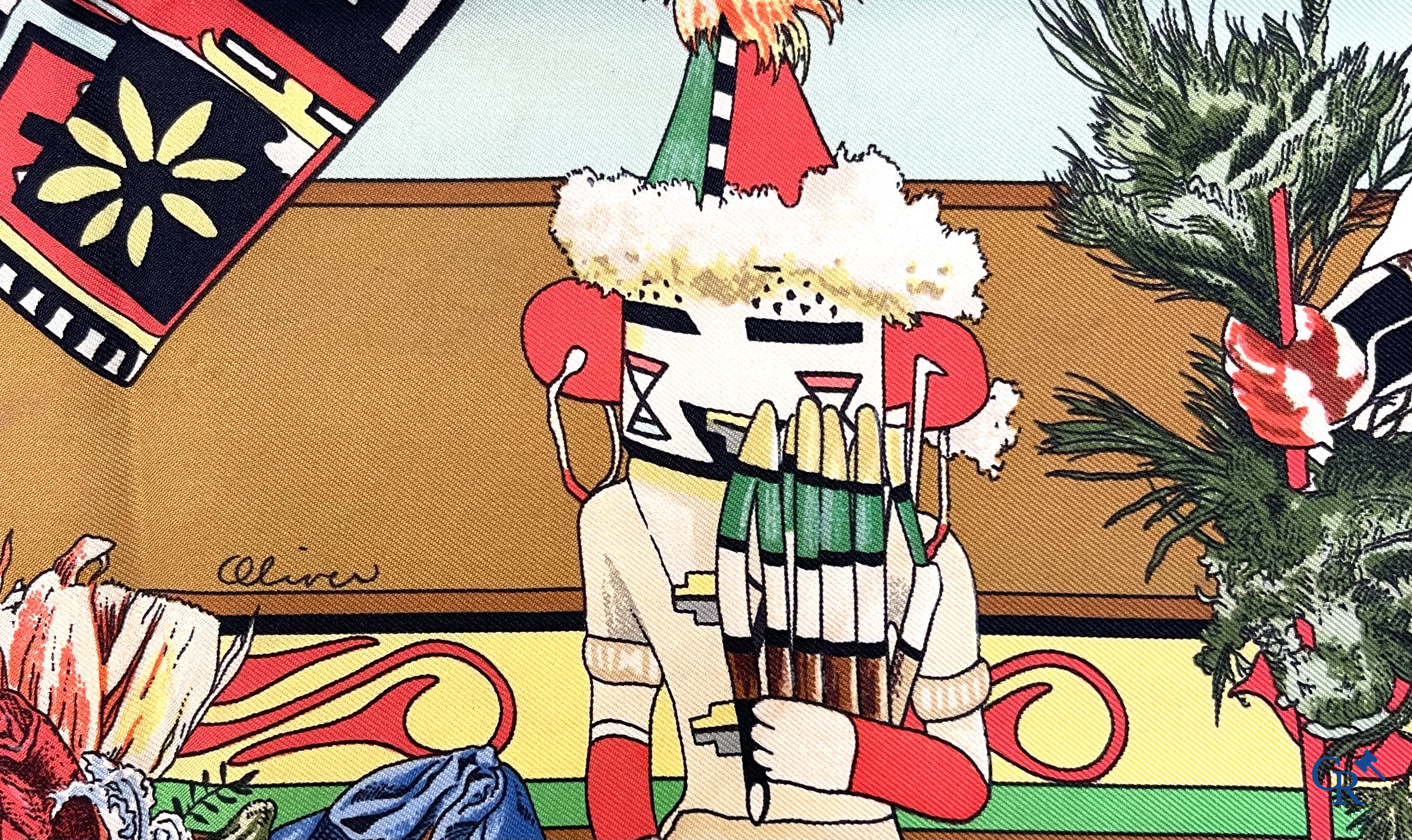 HERMES Paris. 2 Hermès sjaals in originele doos. Grands Fonds, Annie Faivre en Kachinas, Kermit Oliver.