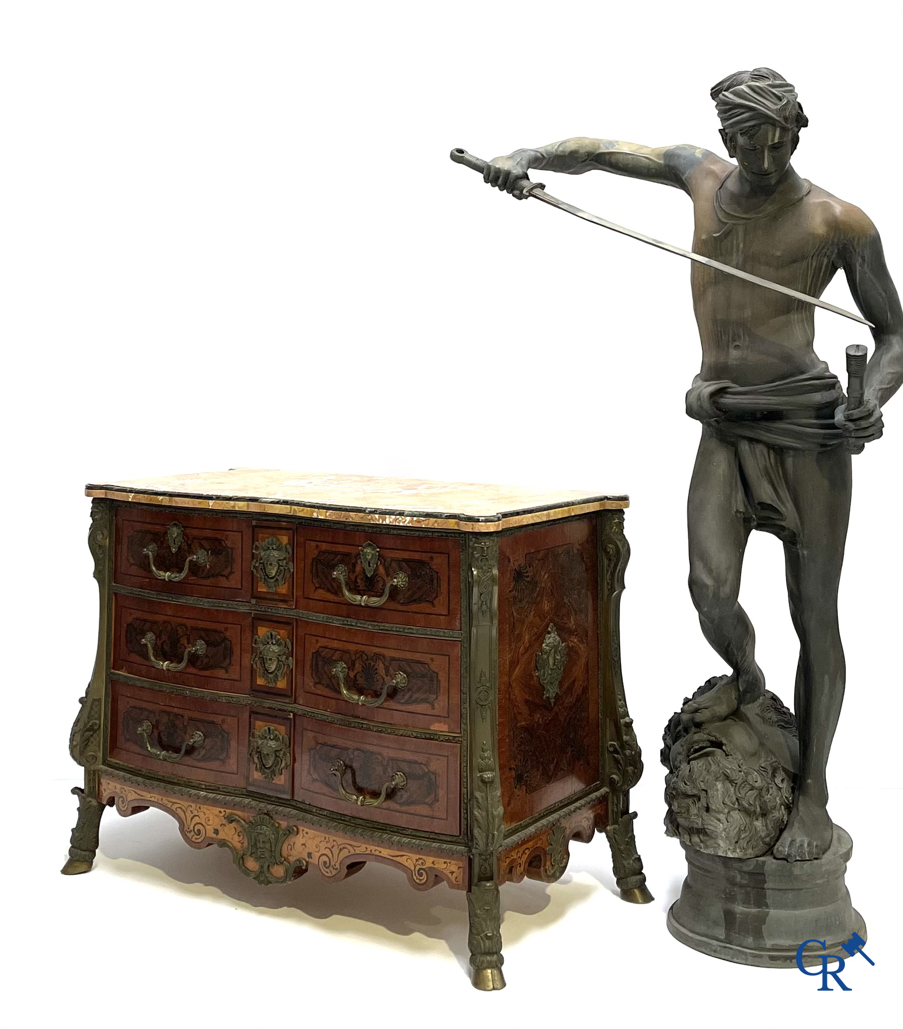 Antonin Mercié (naar) Levensgroot bronzen beeld. David en Goliath. Gesigneerd A. Mercie. 20ste eeuw.