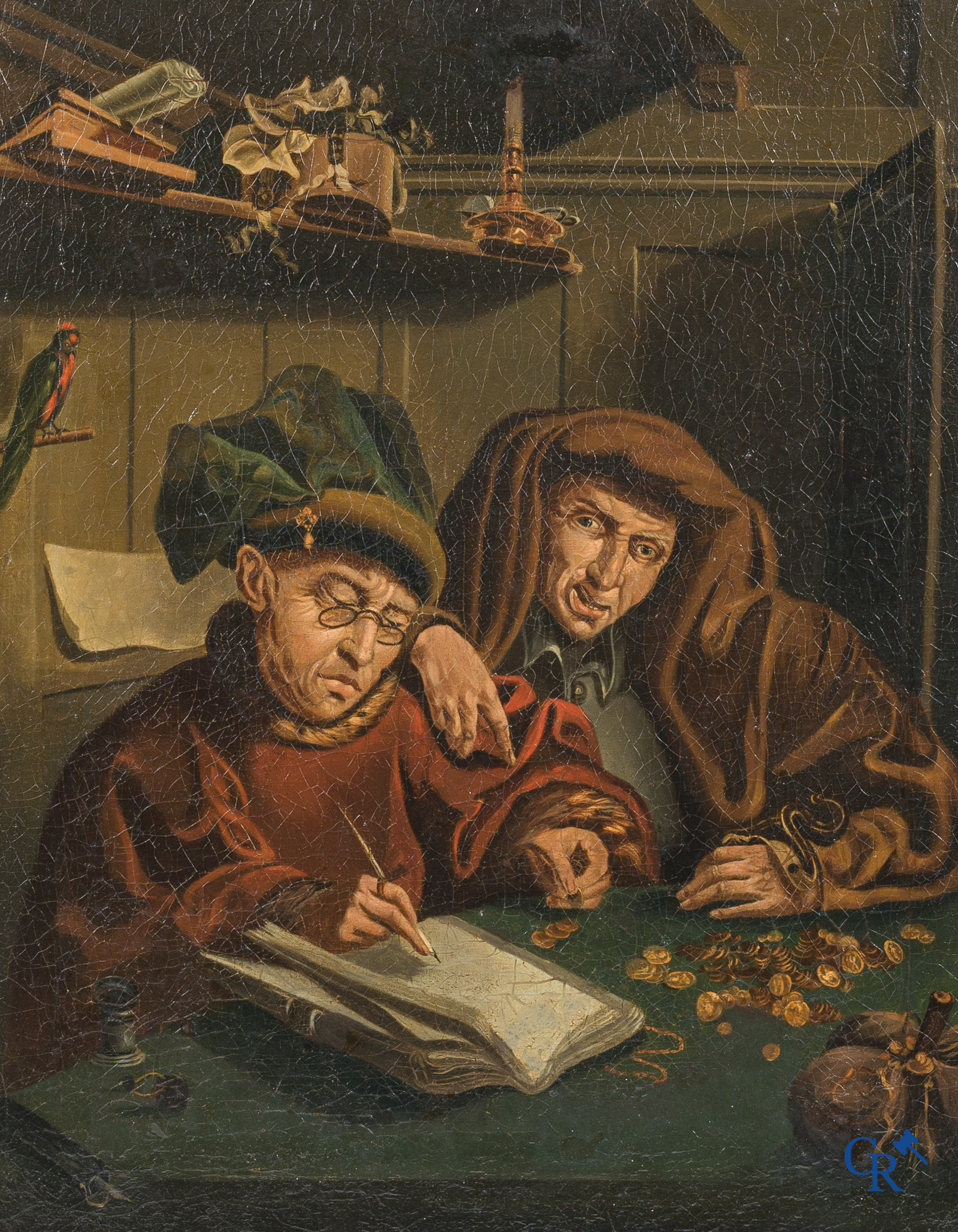 Quentin Metsys (volger van) "The tax collectors" Olie op doek. Herdoekt.