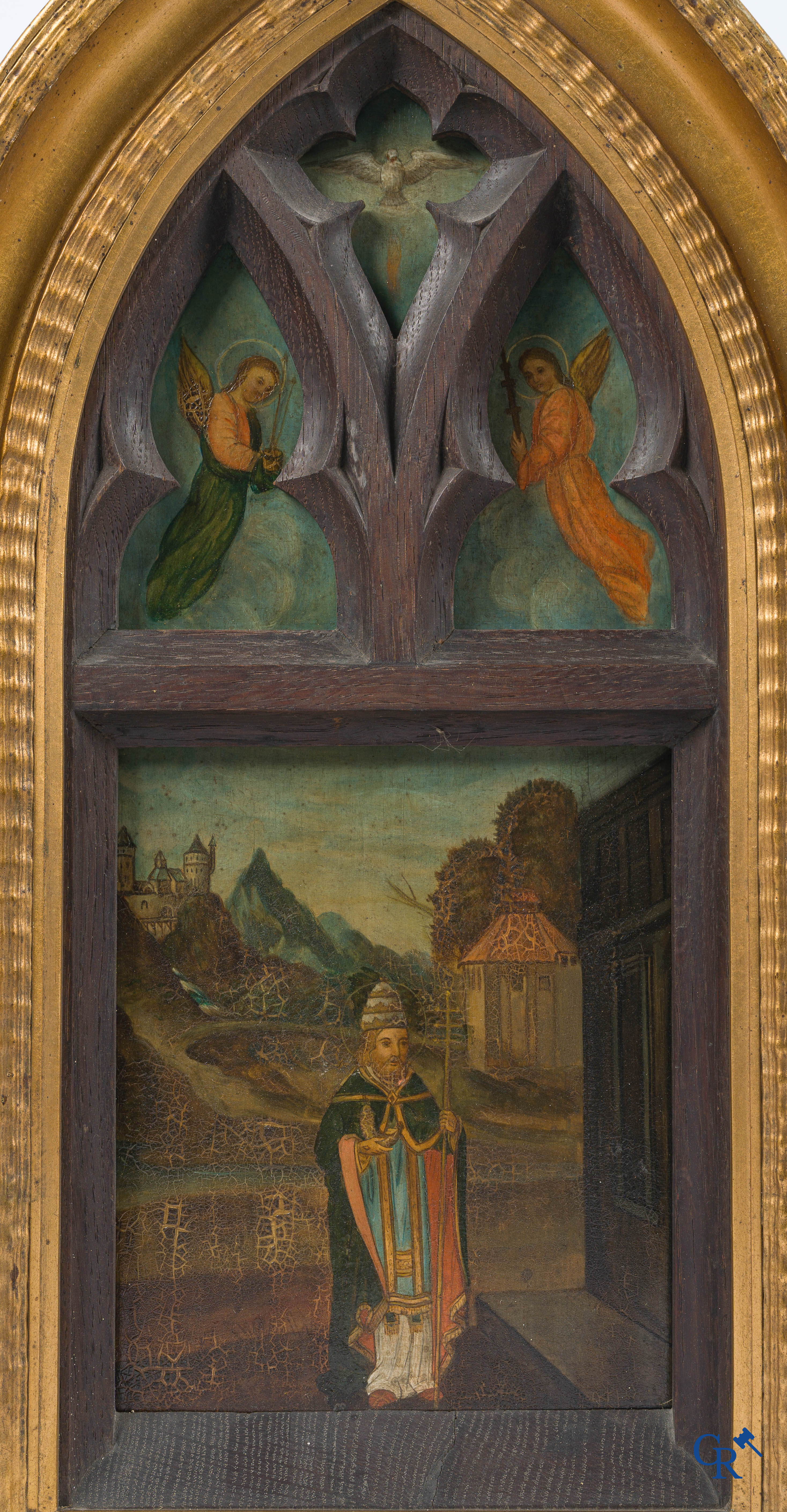 Religieuze objecten. Schilderij, olie op paneel in een neogotische hout gesculpteerde kader. 19e eeuw.