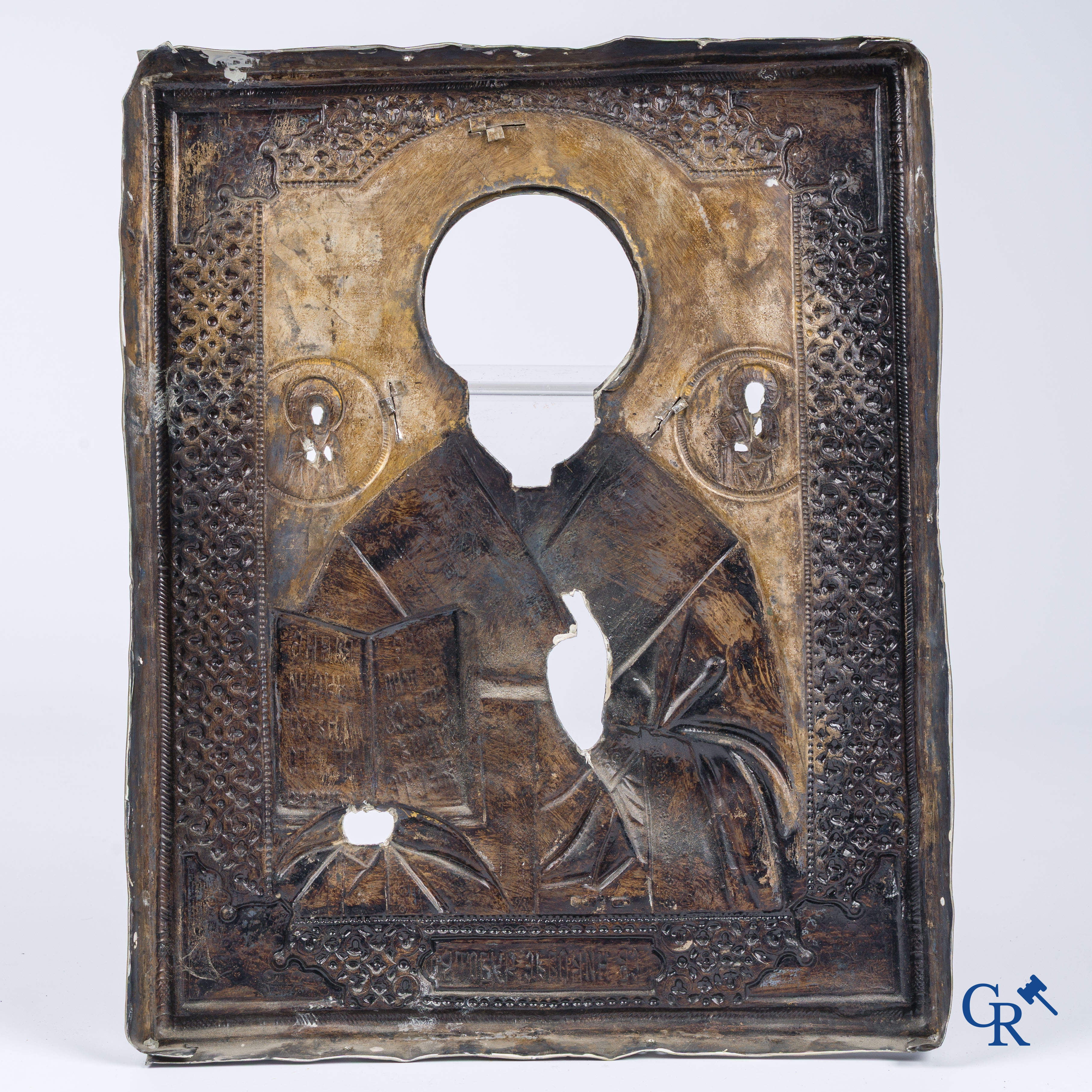 Icoon, Russische icoon met een voorstelling van Sint Nicolaas. Oklad in zilver 875°/00. Gedateerd 1895.