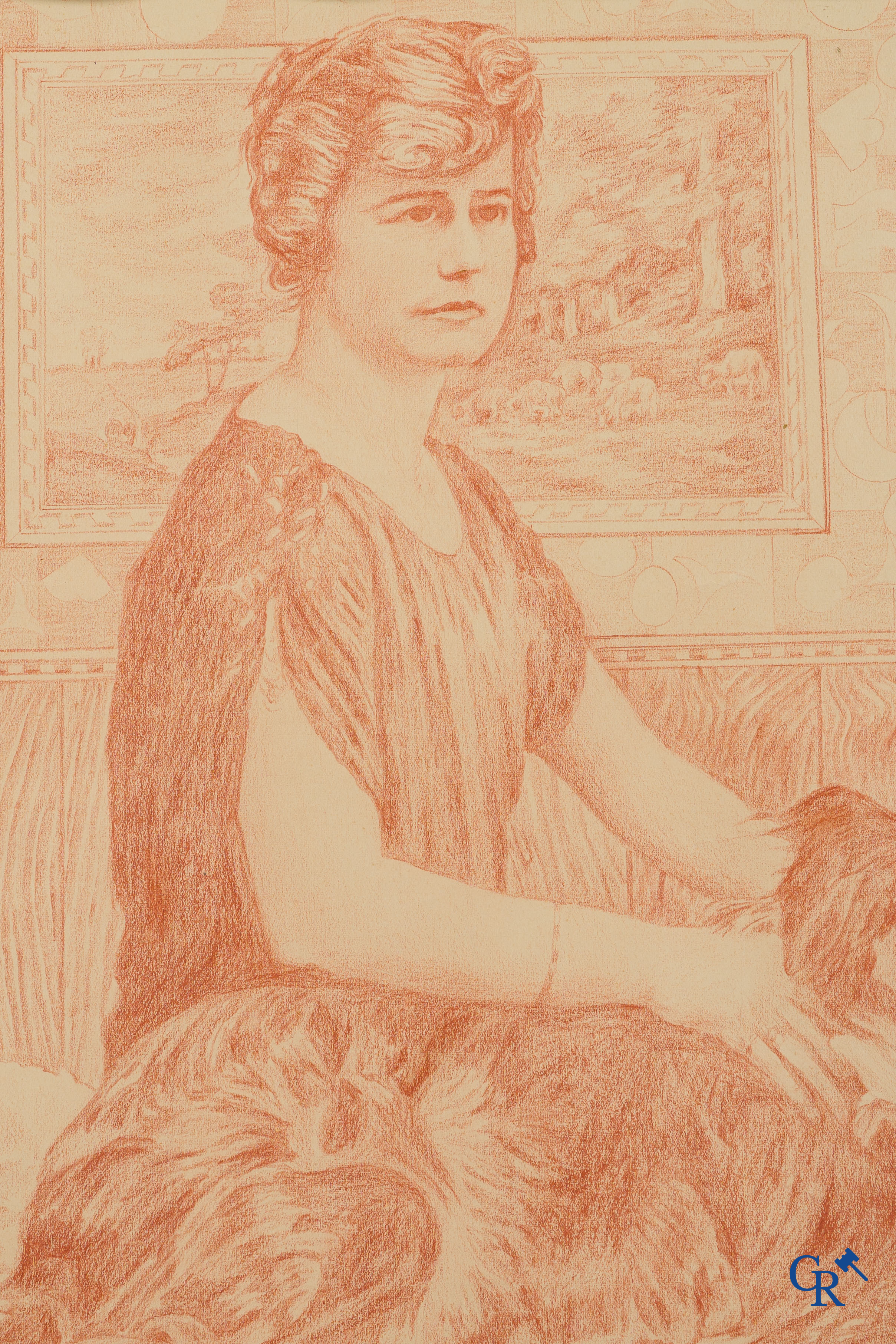 Théo Van Rysselberghe (1862-1926) Portret van een dame met honden. Rood krijt op papier. Gedateerd 1915.