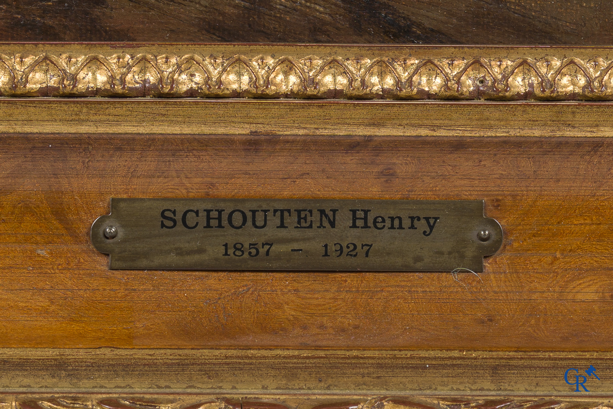 Henry Schouten. Paarden en kippen in een stal. Olie op doek. Gesigneerd rechtsonder.