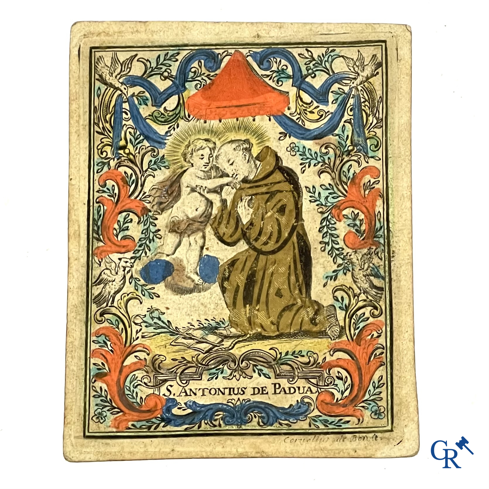 Religieuze objecten. 5 devotie prenten. Kopergravure op vergé papier en velijn aangevuld met kleur. 18e eeuw.