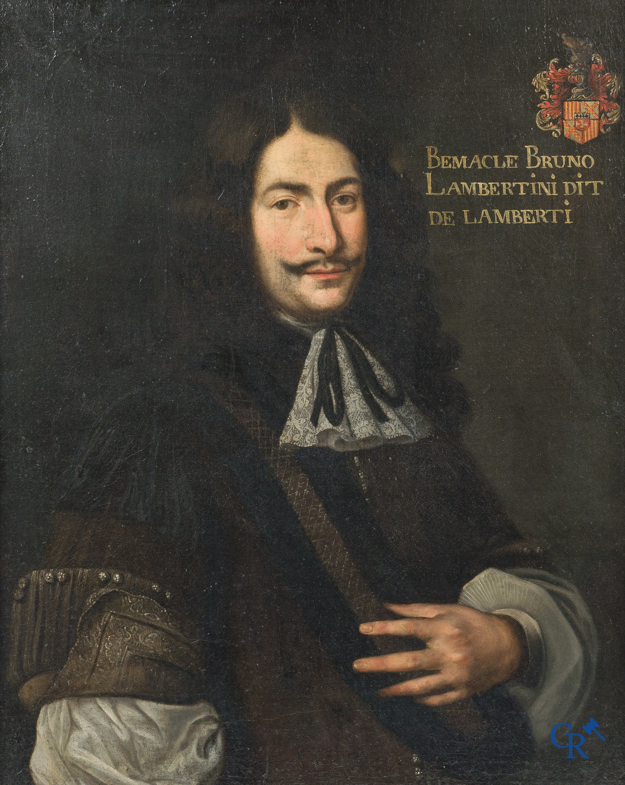 Portretschilderij van een edelman met wapenschild. Opschrift Bemacle Bruno Lambertini dit De Lamberti. 17e eeuw.