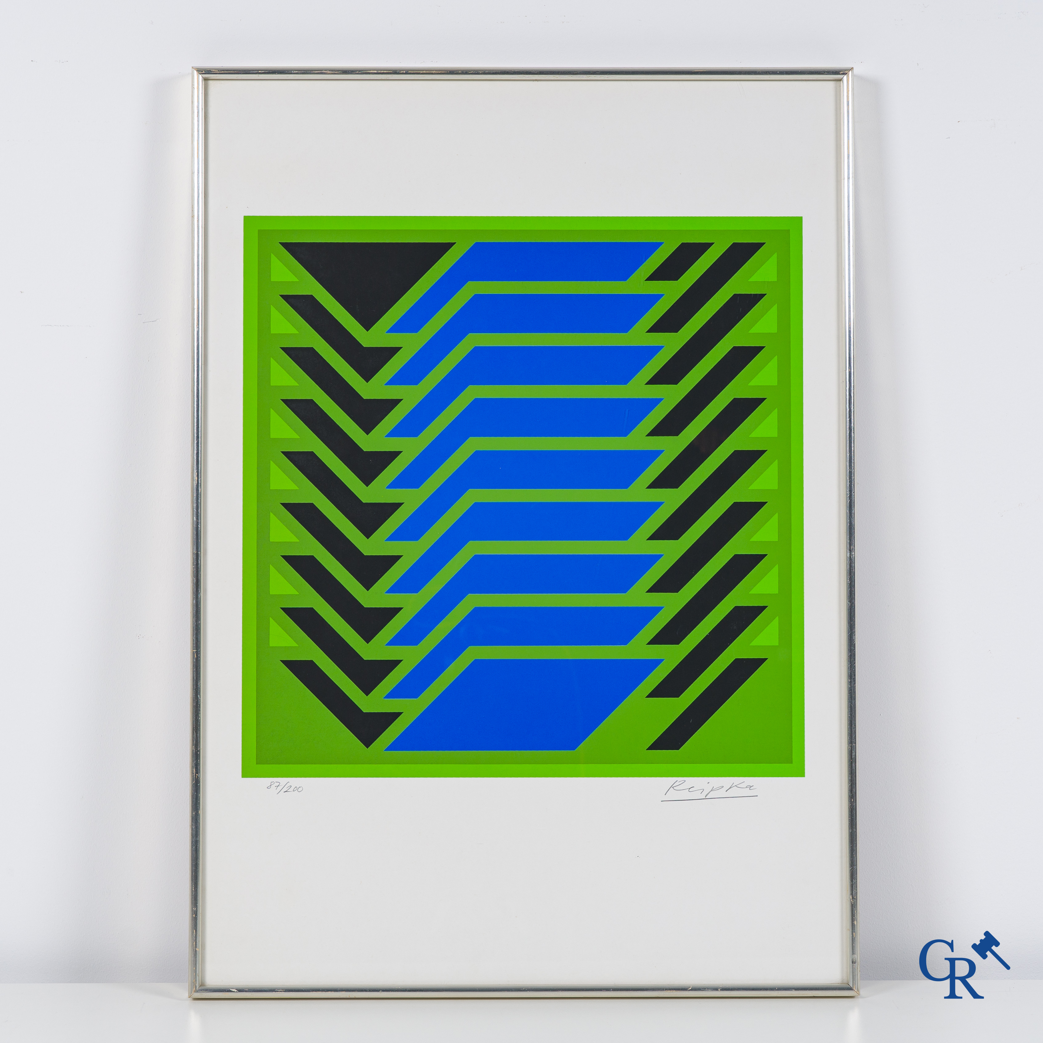 Jürgen Reipka (1936-2013) Geometrische compositie in blauw, groen en zwart 87/200. Zeefdruk.