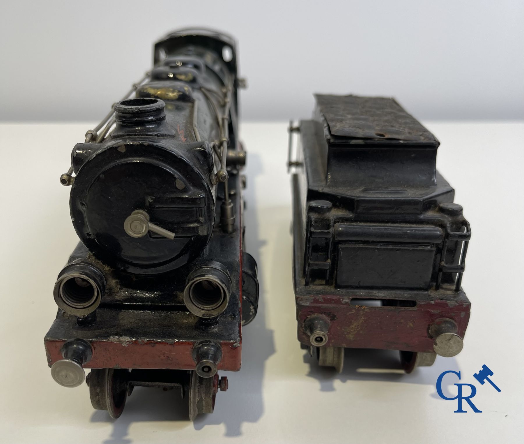 Old toys: Märklin, Locomotive with towing tender and dining car.<br />
About 1930.