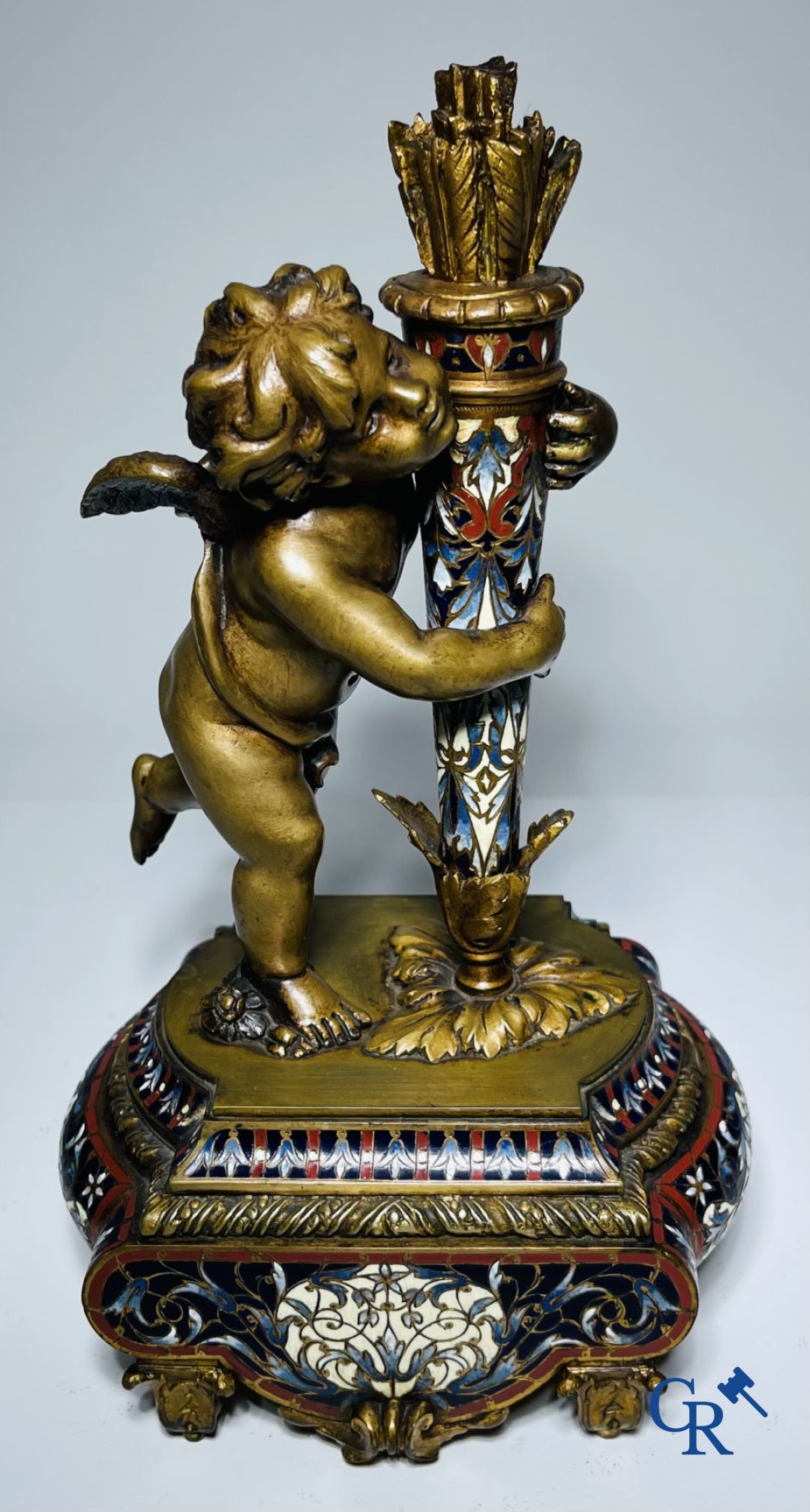 Bronze/Sculpture: Pair of ornamental objects in bronze and champlevé enamel.