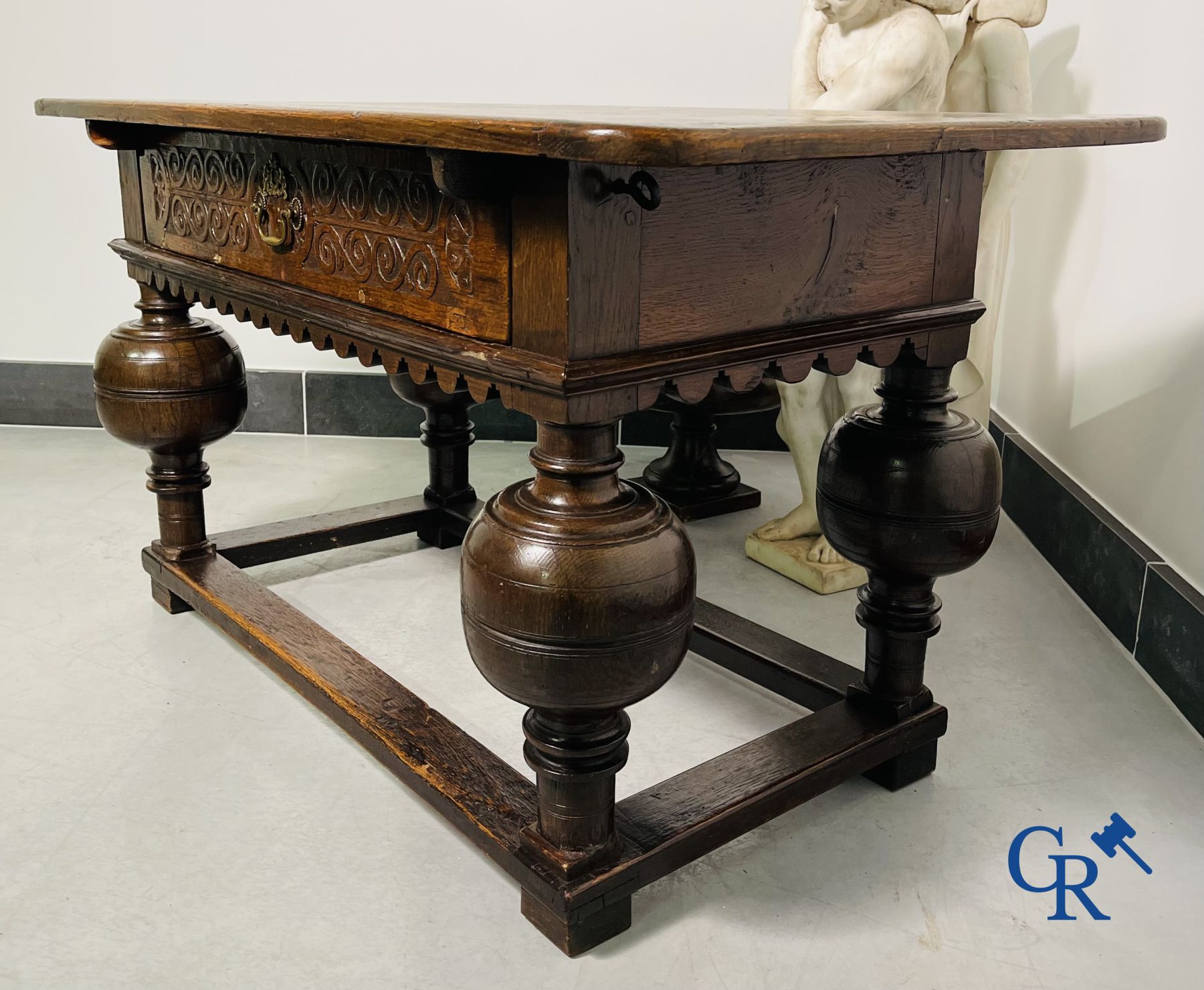 Furniture: An oak table with drawer. 17th - 18th century.