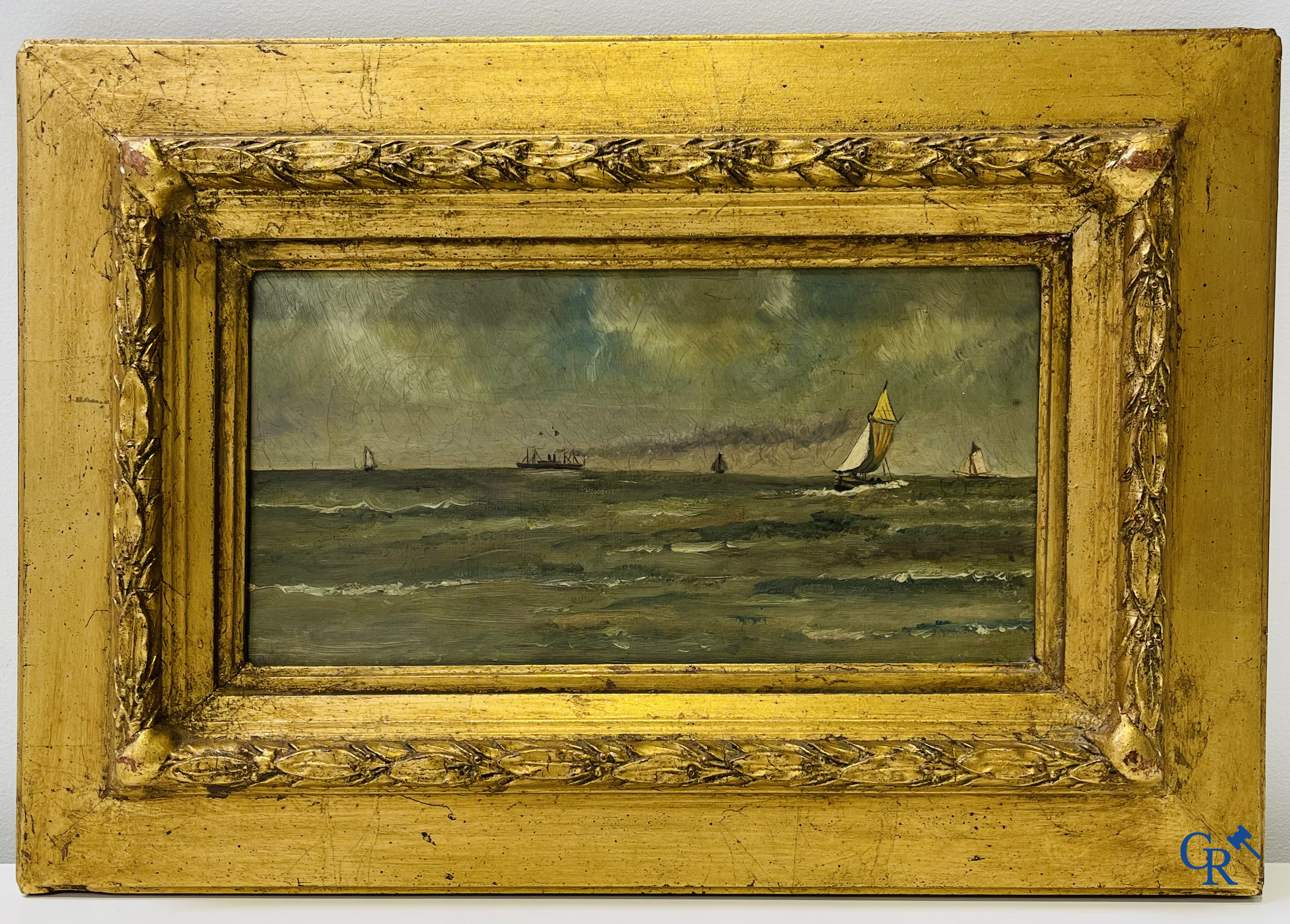 2 tableaux, Gustave Vidal (1895-1966) paysage avec carrosse et Paul Jean Clays (1819-1900) Marine. Huile sur toile.