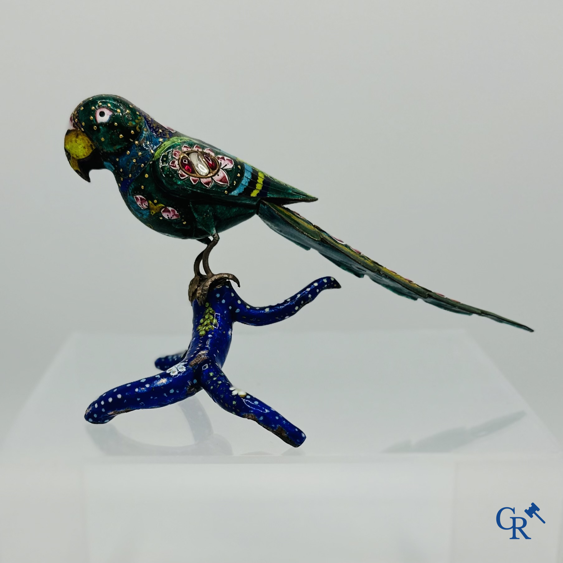 North India: Enameled parrot set with gemstones/rubis. 19th century.