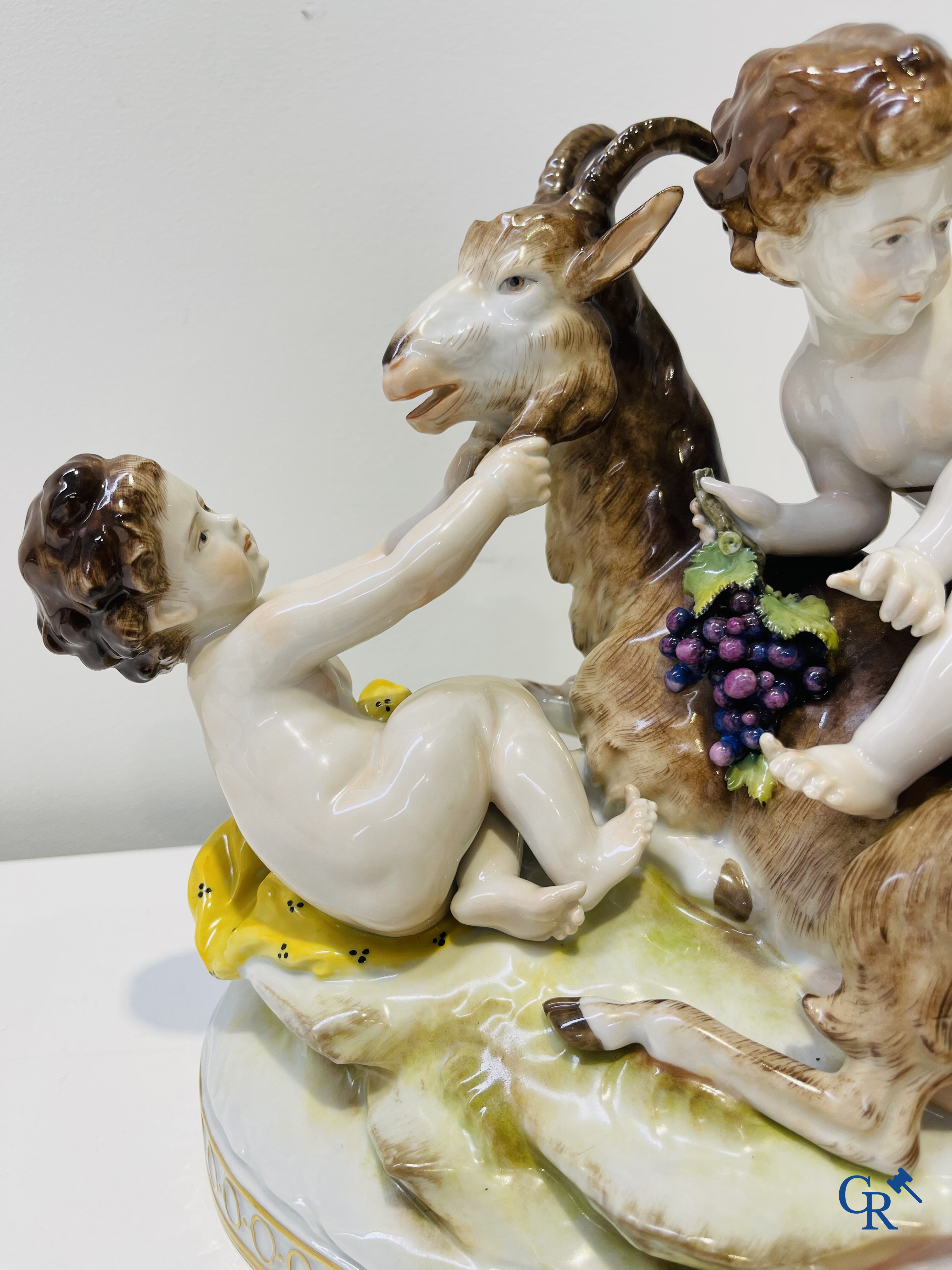 Volkstedt Rudolstadt. Large group in porcelain. Goat with children. Marked.