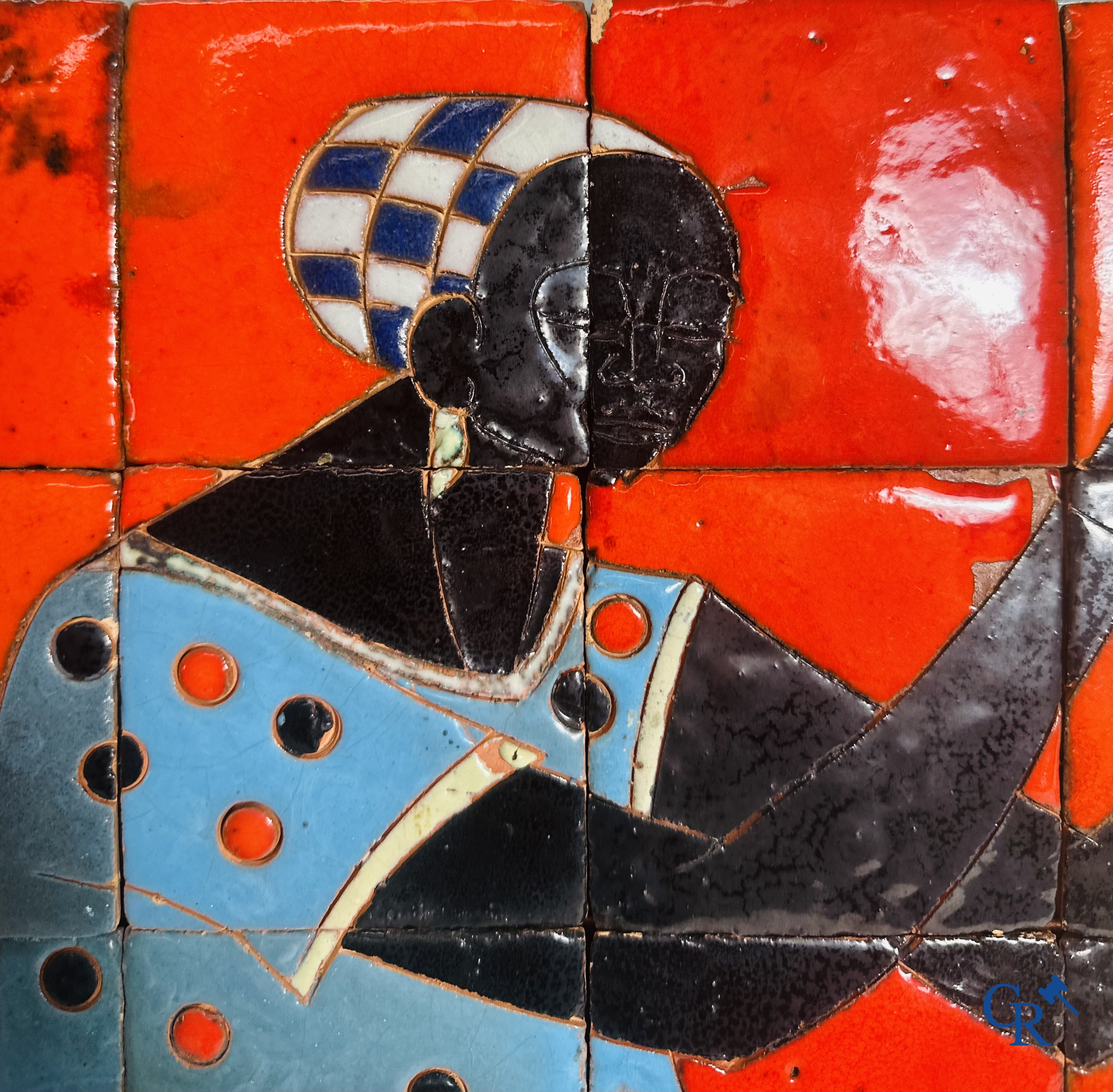 Tile panel depicting an African lady, 1960-1970. Signed illegibly.