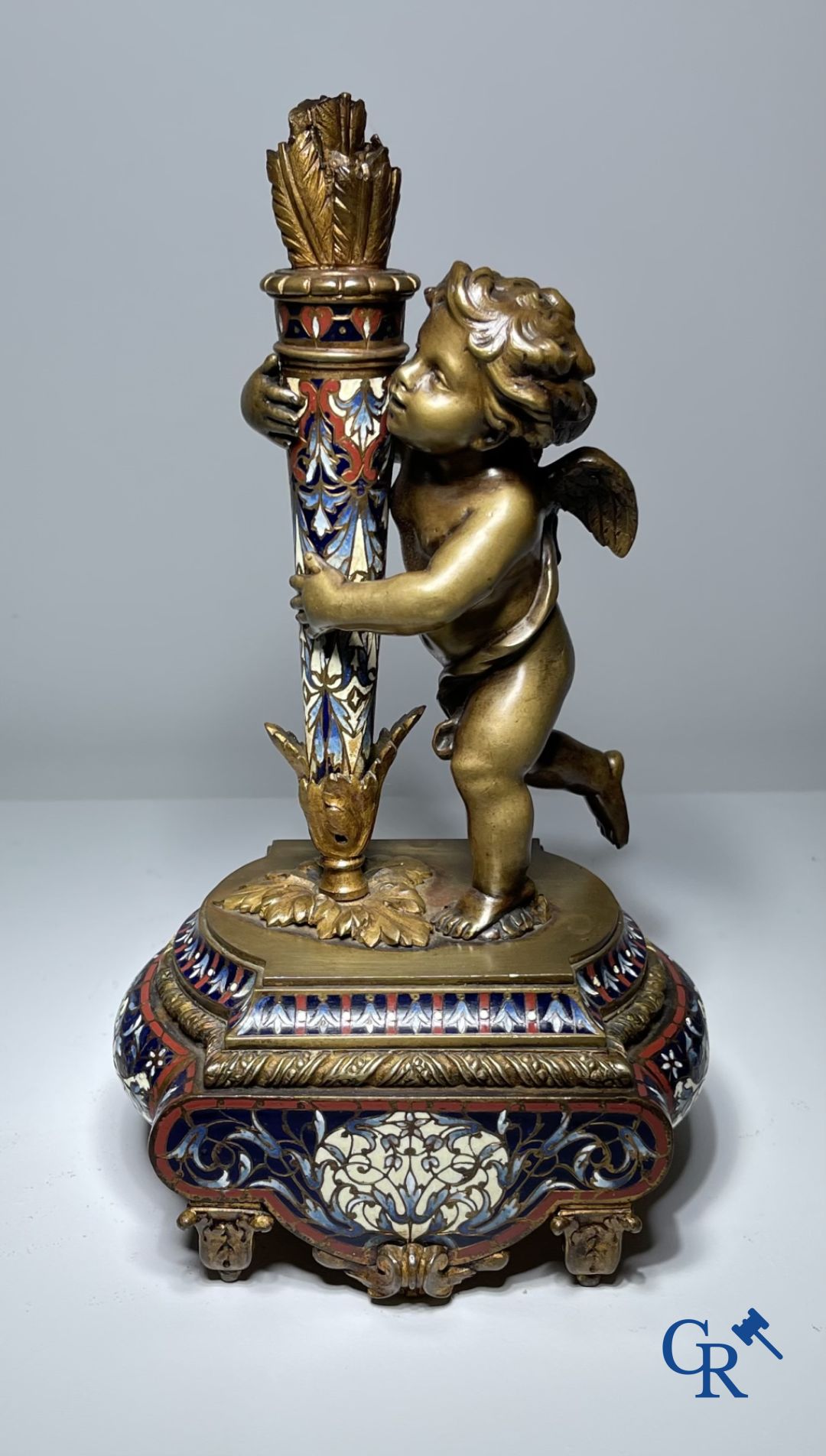 Bronze/Sculpture: Pair of ornamental objects in bronze and champlevé enamel.