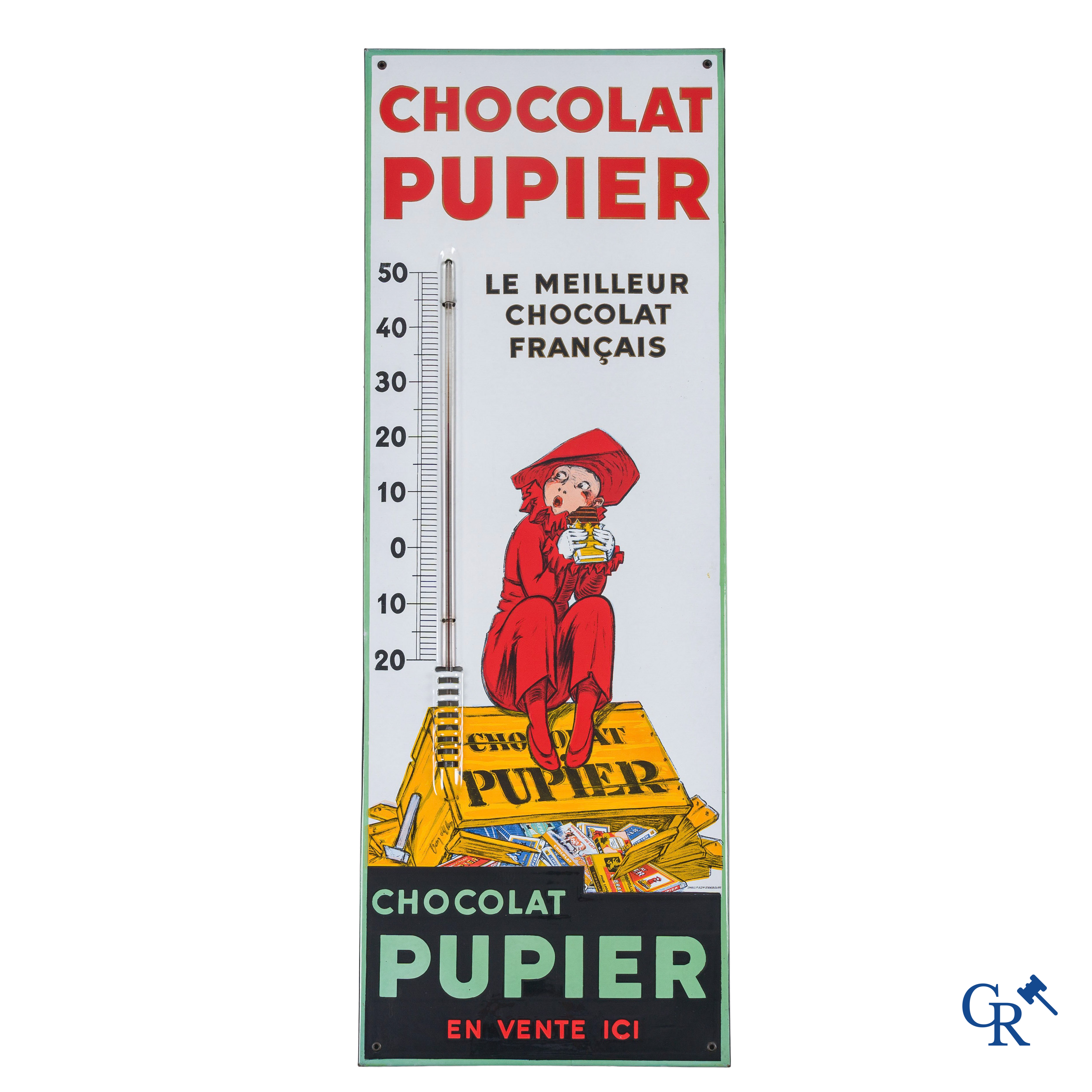 Chocolat Pupier, emaille reclamebord geïllustreerd met het personage ontworpen door Jean D'Ylen. Circa 1930.