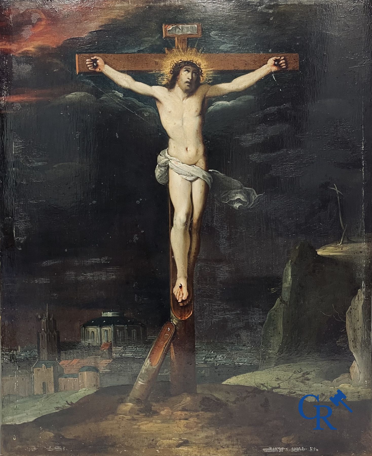 École flamande : Christ sur la croix. Huile sur cuivre. XVIe-XVIIe siècle.