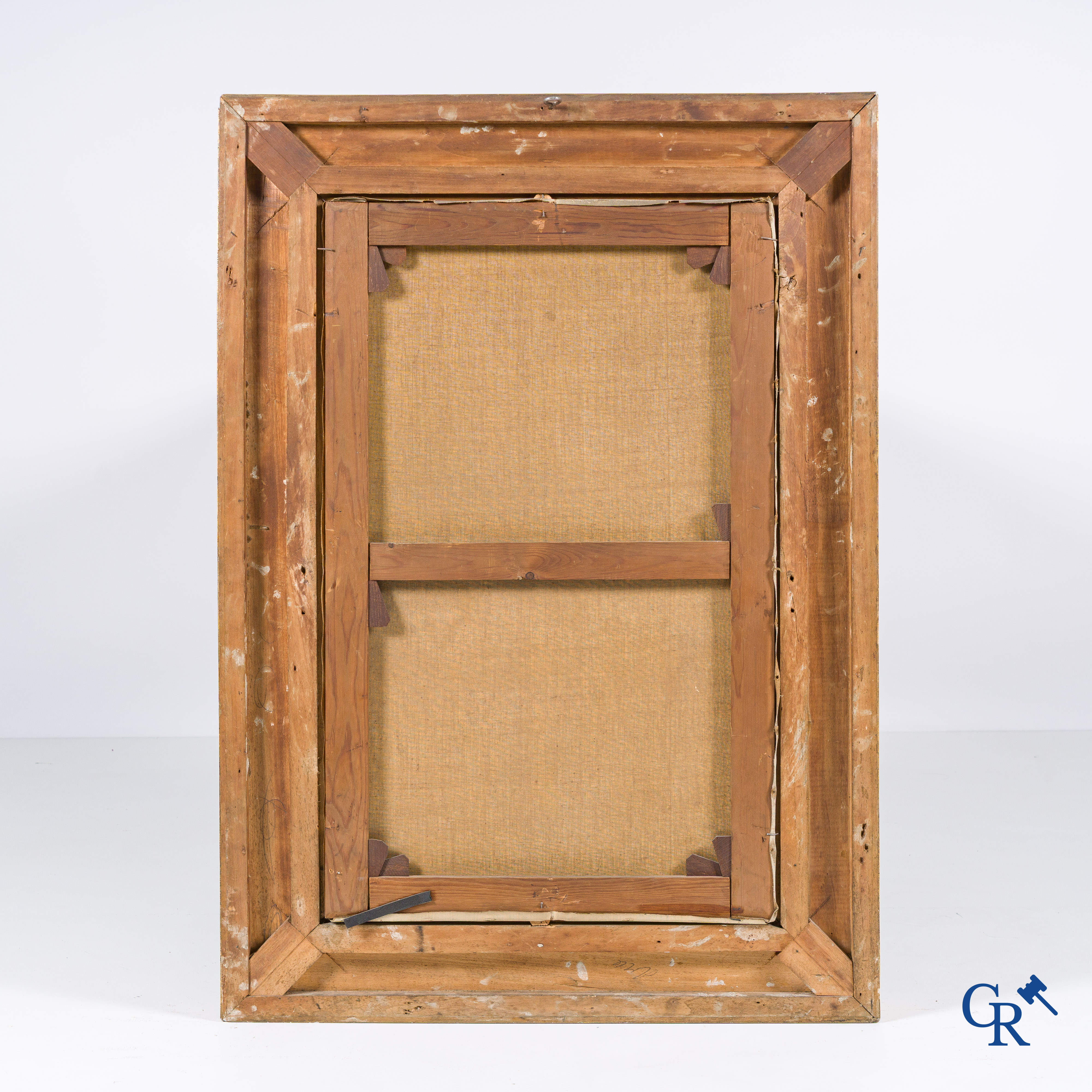 J. Giani, paysage hivernal avec des personnages. Huile sur toile dans un beau cadre doré. Signé en bas à gauche. Vers 1900.