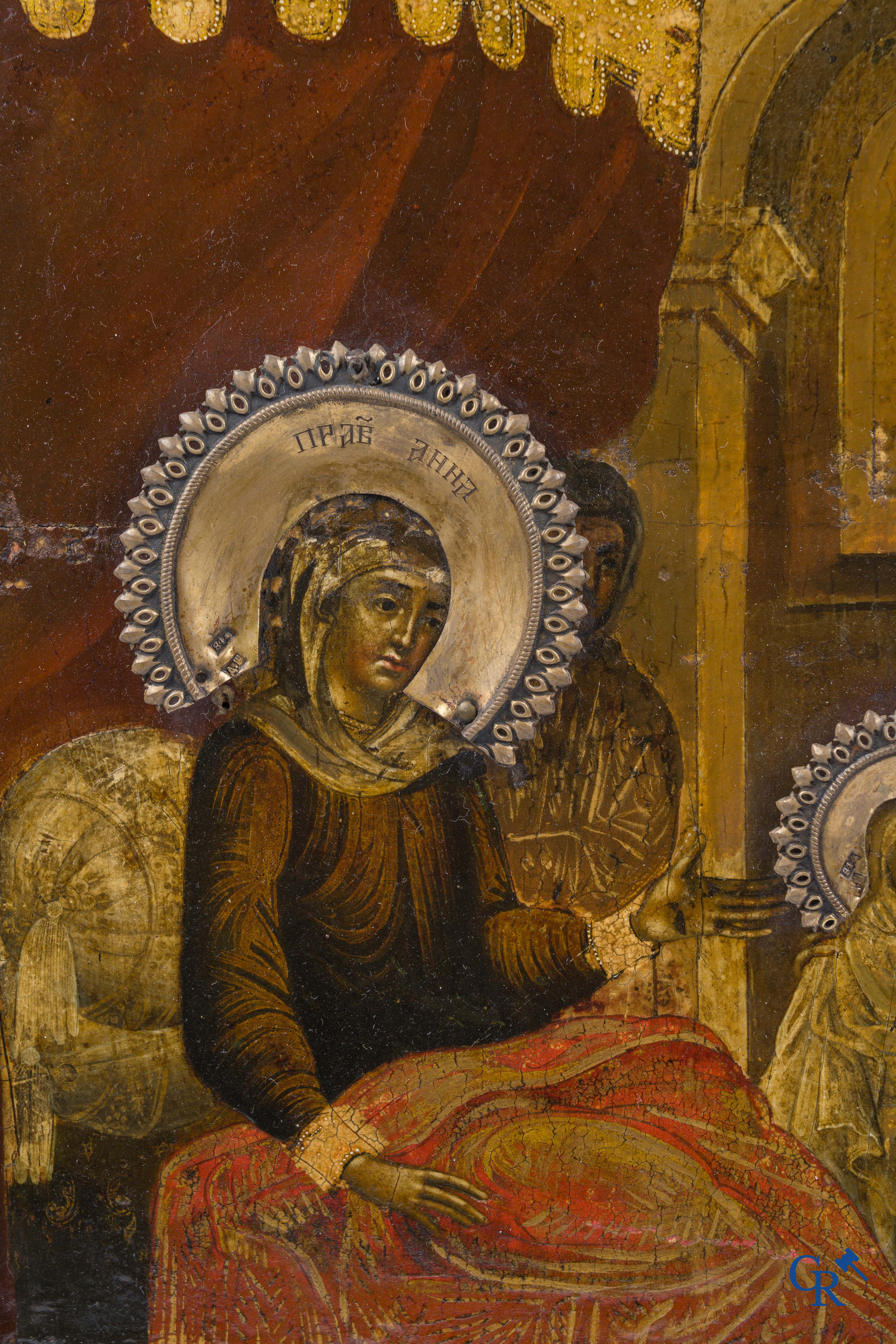 Russisch werk. De geboorte van Jezus. Grote Russische icoon met zilver oklad. Zilvergehalte 84 en gedateerd 1883.