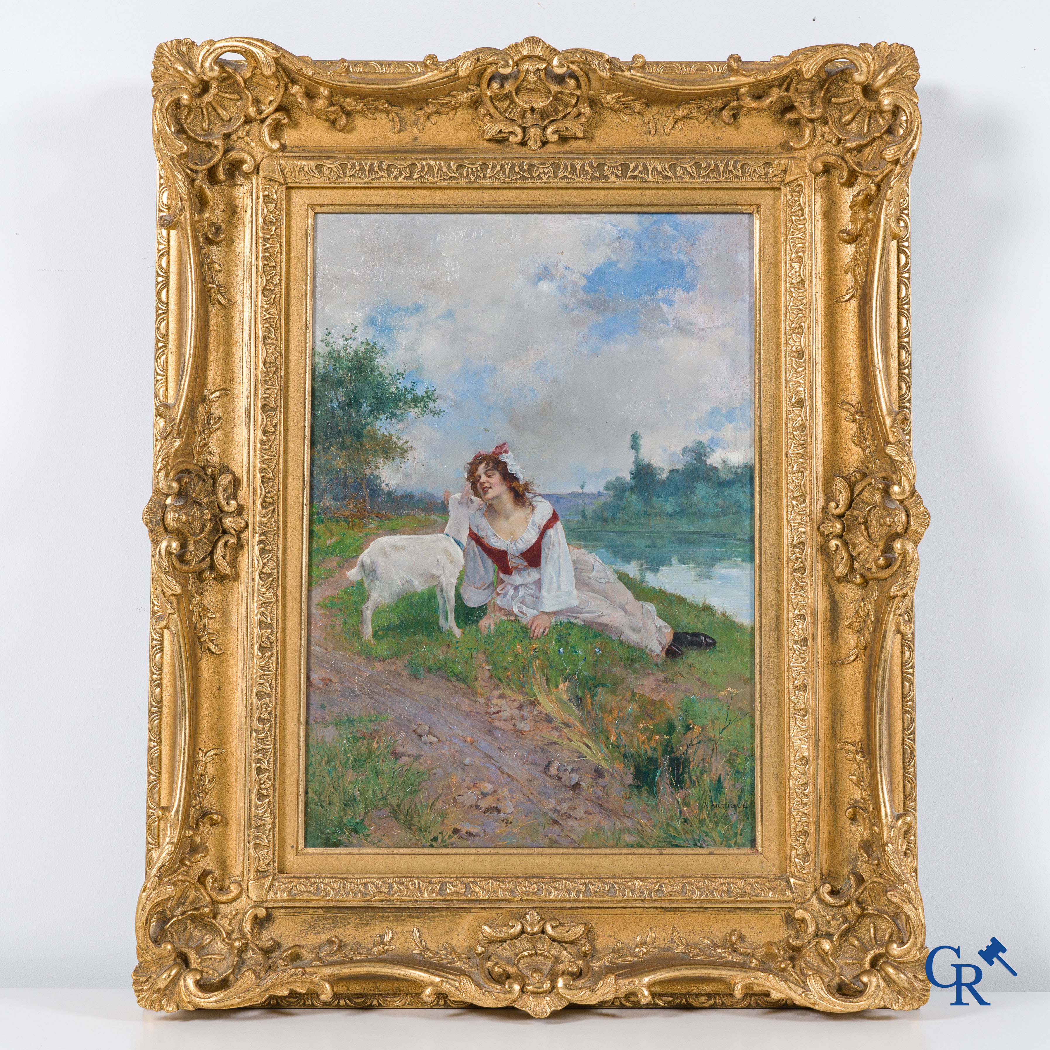 Albert Emile Artigue (1850-1927), romantic painting of a woman with a goat in a beautifully decorated frame.