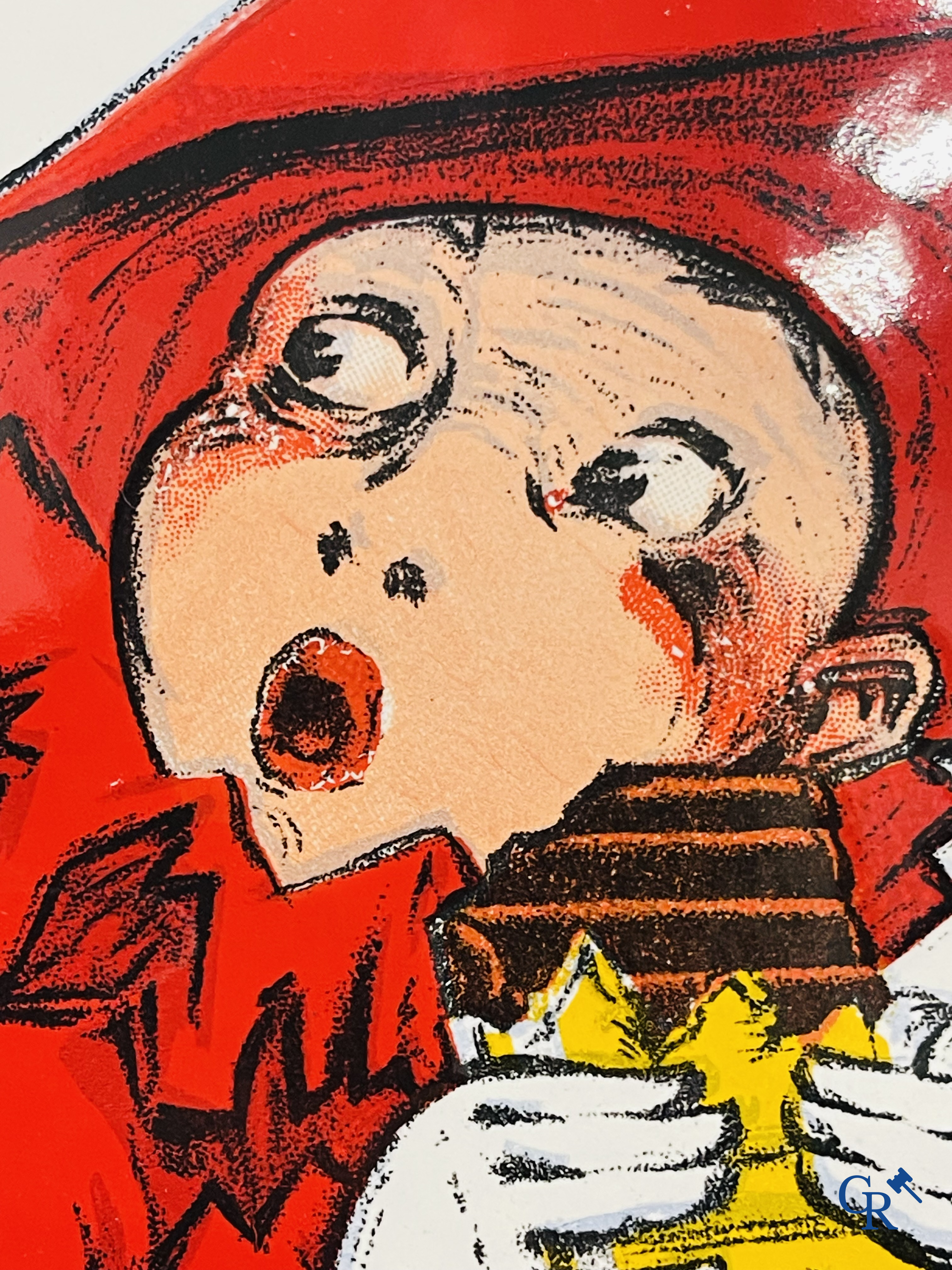 Chocolat Pupier, emaille reclamebord geïllustreerd met het personage ontworpen door Jean D'Ylen. Circa 1930.