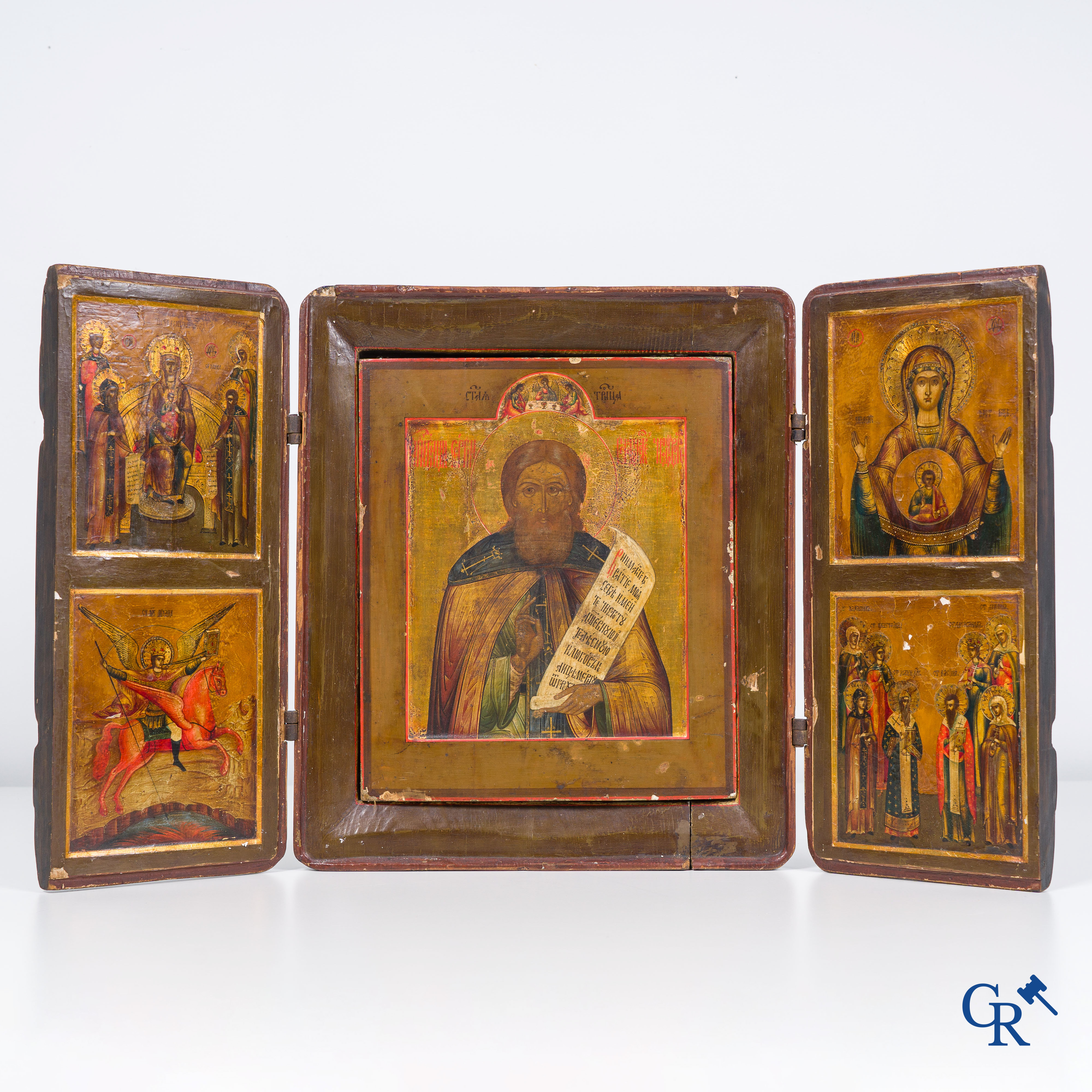 Russian work: Icon, a wooden triptych with 5 icons. 18th-19th century.