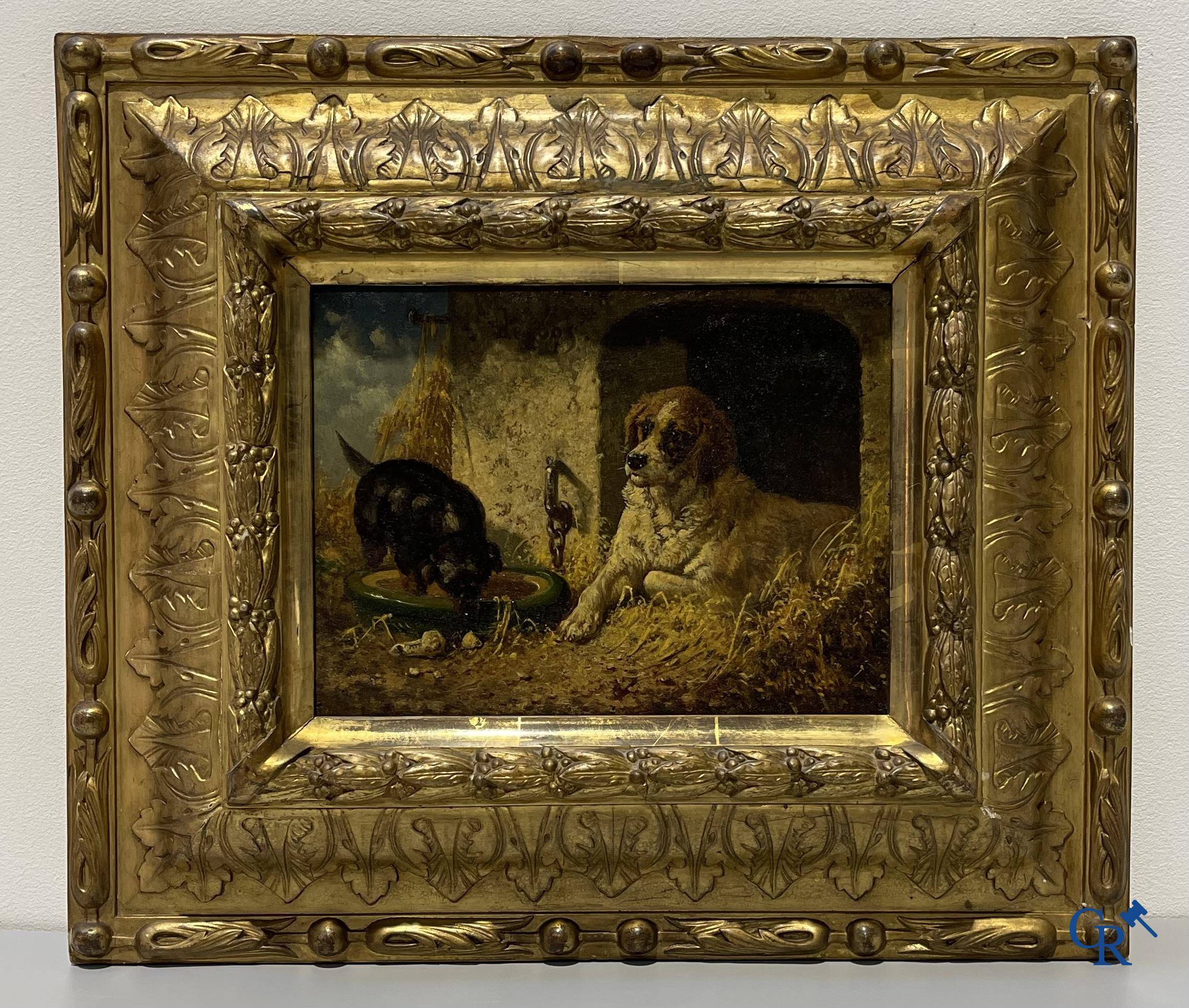 Vincent de Vos (1829-1875) Une paire de tableaux (pendant) huile sur panneau. "La chasse aux souris" et "Les bons amis".