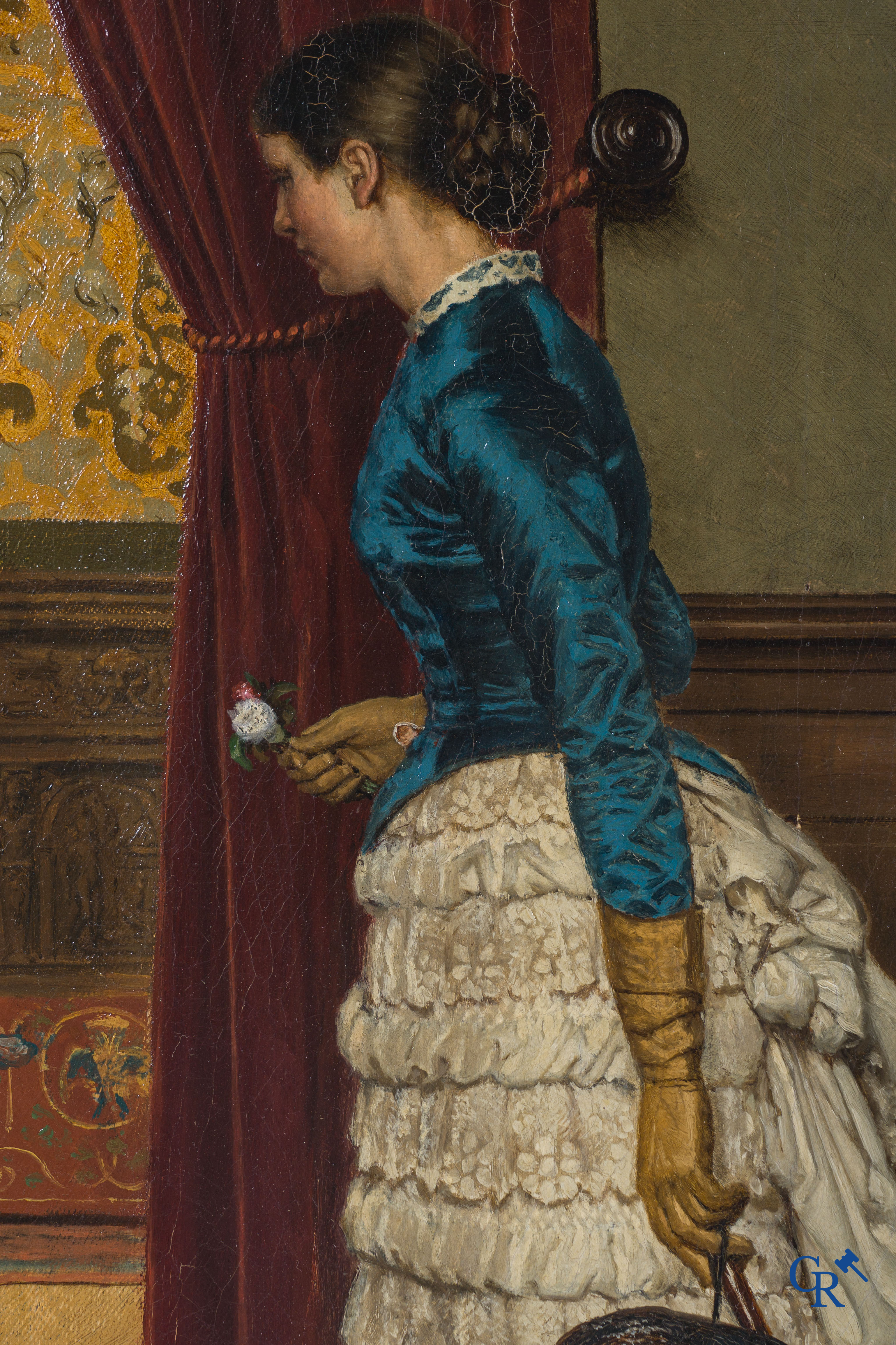 Baron Armand Van Zuylen, interieur scene met een welstellende dame in een belle epoque jurk. Circa 1880.