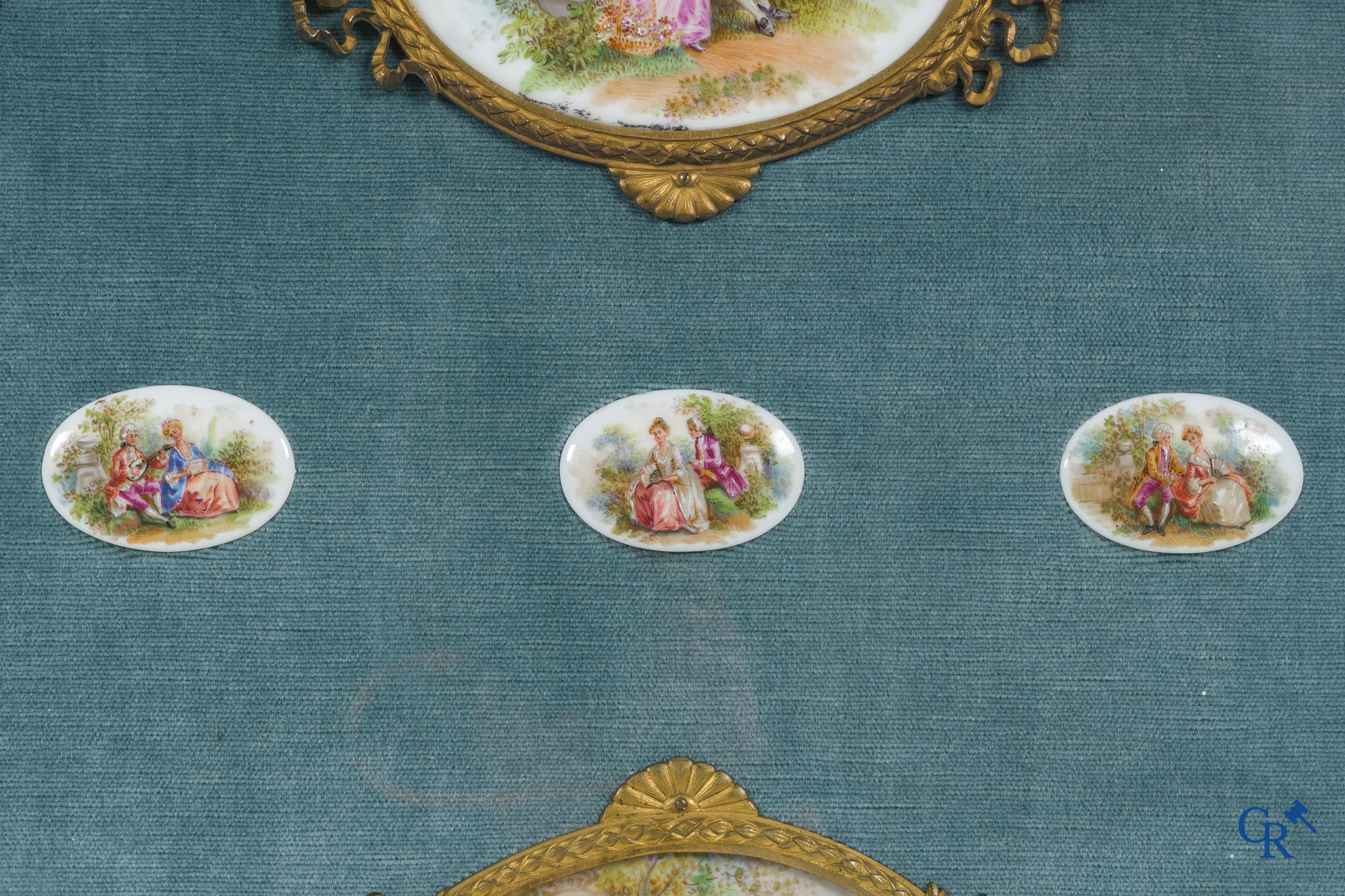 European porcelain in the manner of Sèvres, a set of 6 large porcelain plaques in a bronze LXVI-style frame.