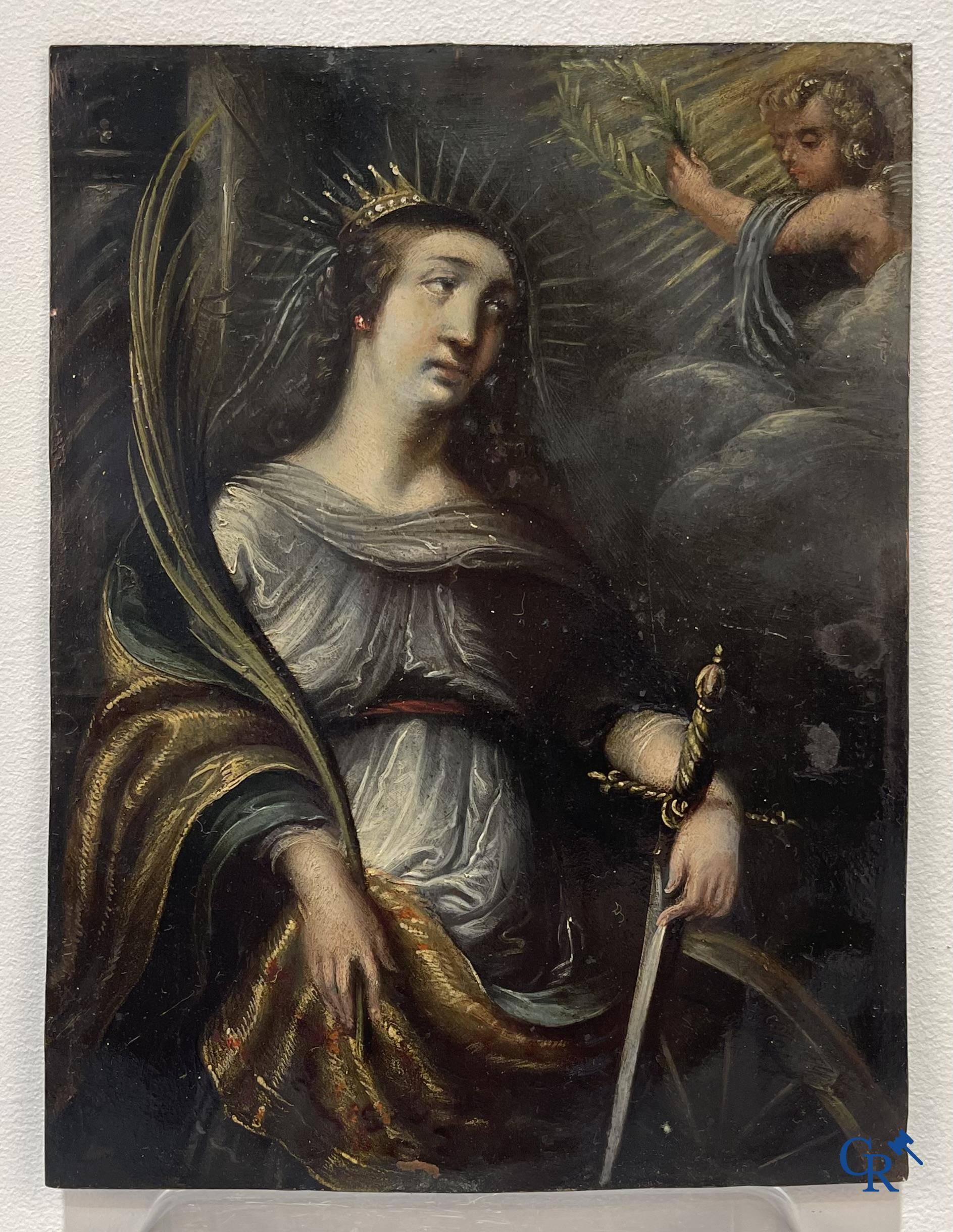 Schilderij, olie op koper van de heilige Sint Catharina van Alexandrië. 17e-18e eeuw.