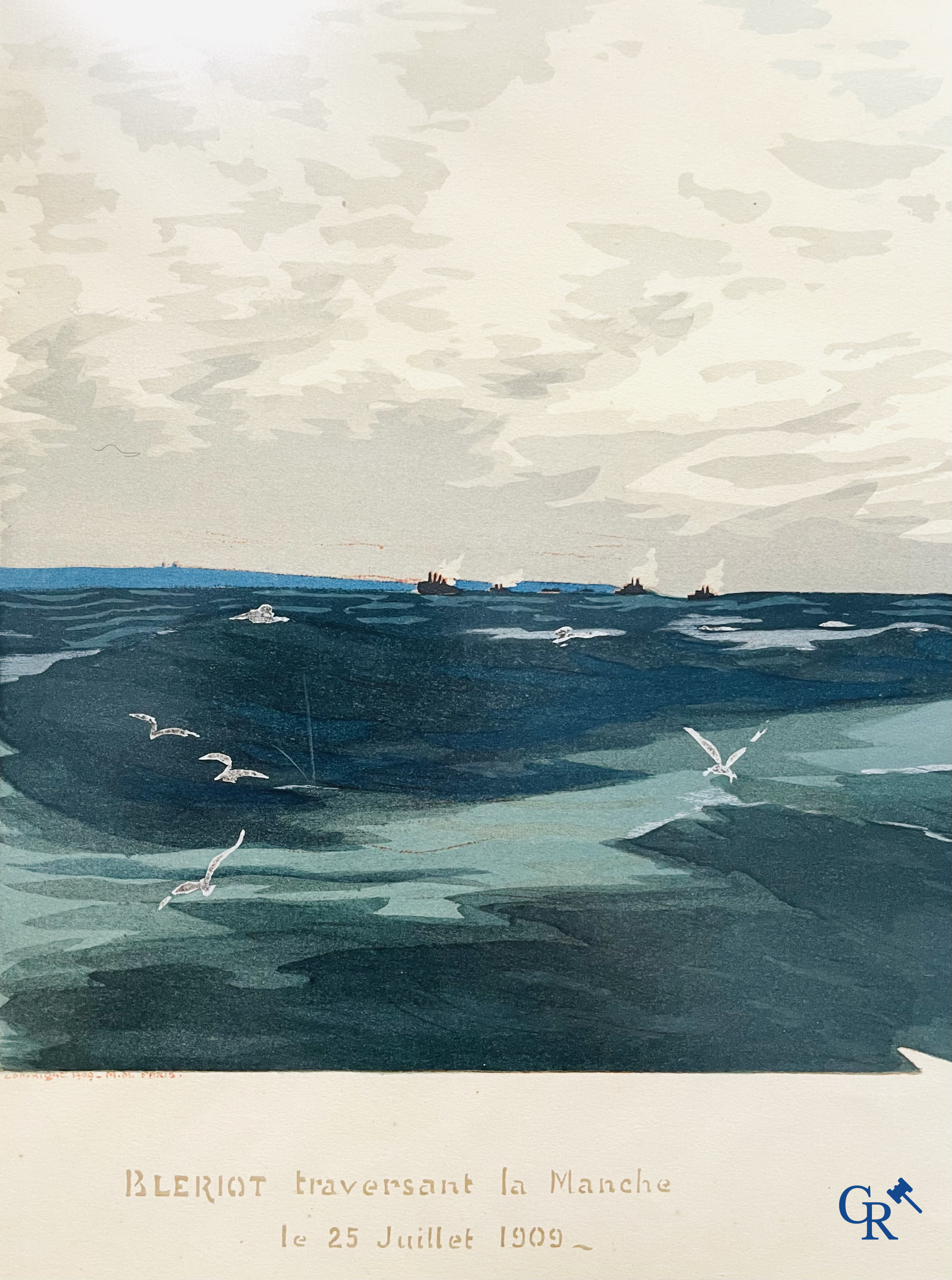 Ernest Montaut. Bleriot traversant la Manche. Kleuren lithografie,  Montaut Mabileau, copyright 1909.