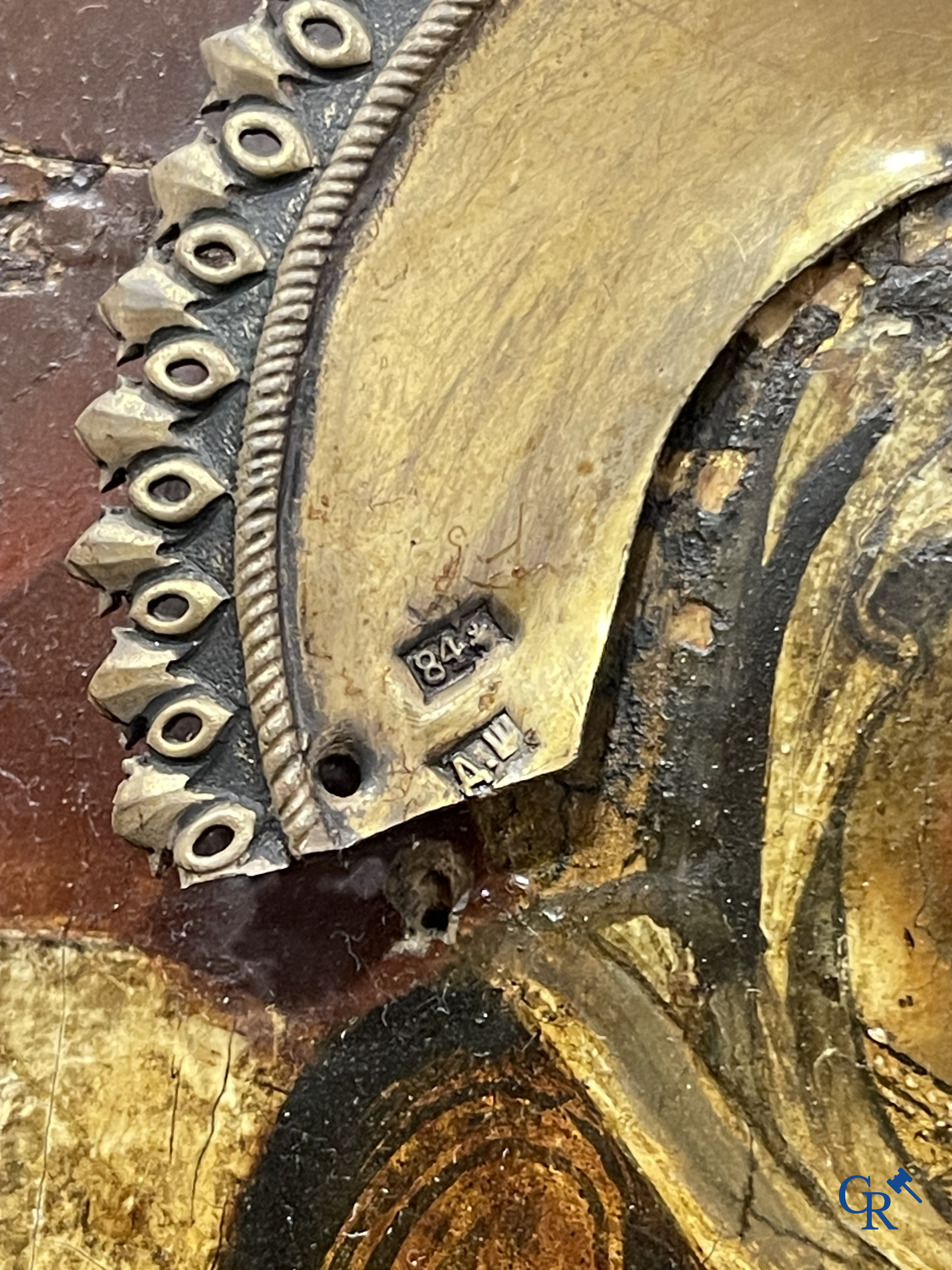 Russisch werk. De geboorte van Jezus. Grote Russische icoon met zilver oklad. Zilvergehalte 84 en gedateerd 1883.