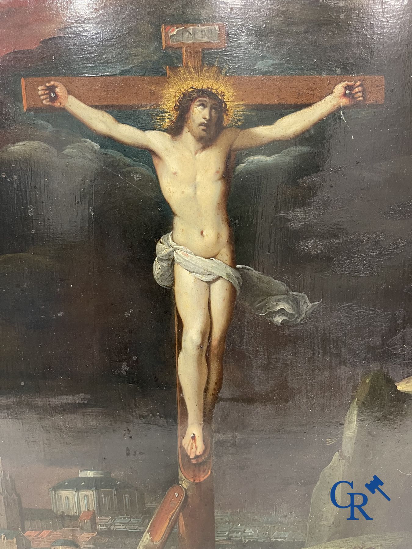 École flamande : Christ sur la croix. Huile sur cuivre. XVIe-XVIIe siècle.