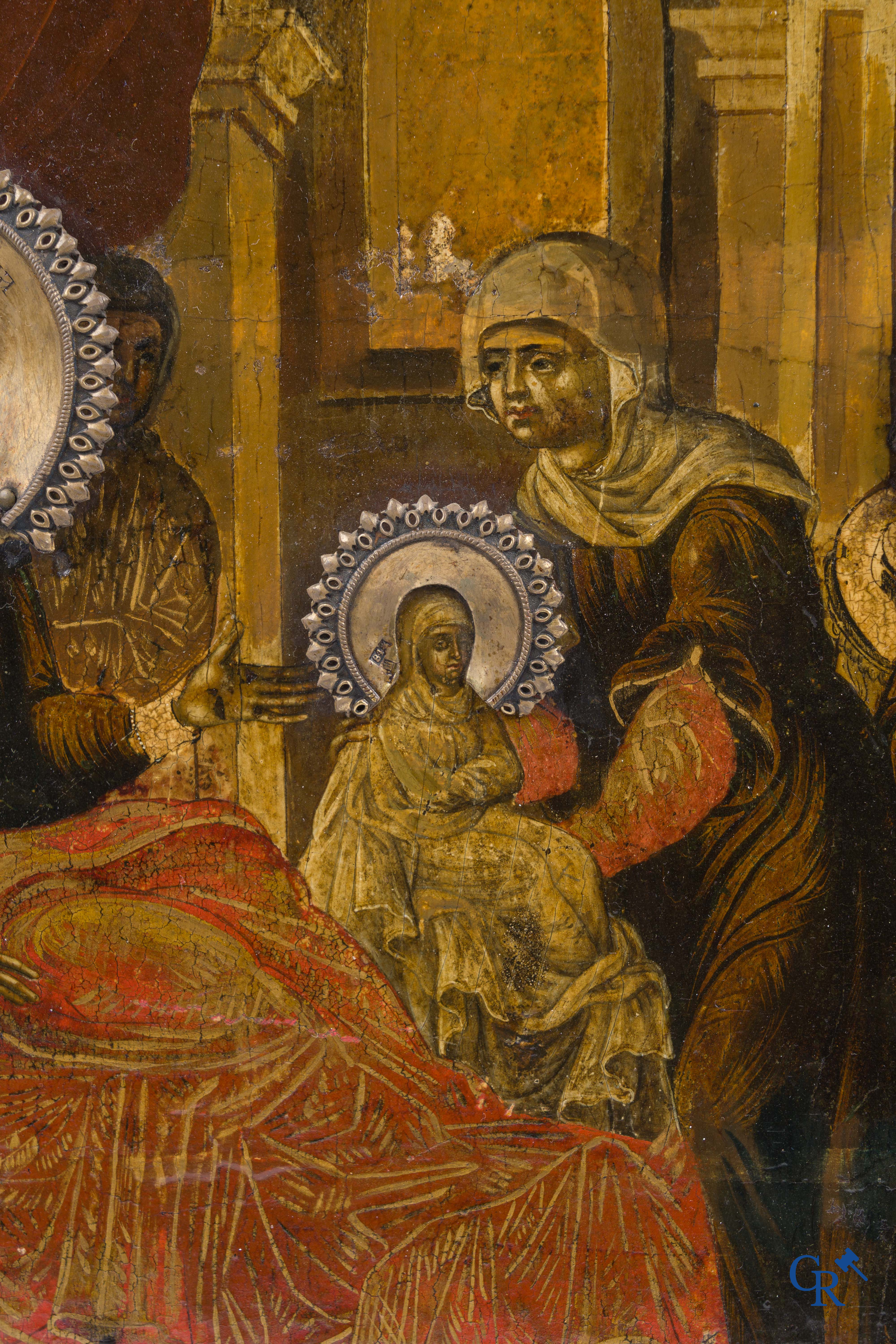 Russisch werk. De geboorte van Jezus. Grote Russische icoon met zilver oklad. Zilvergehalte 84 en gedateerd 1883.