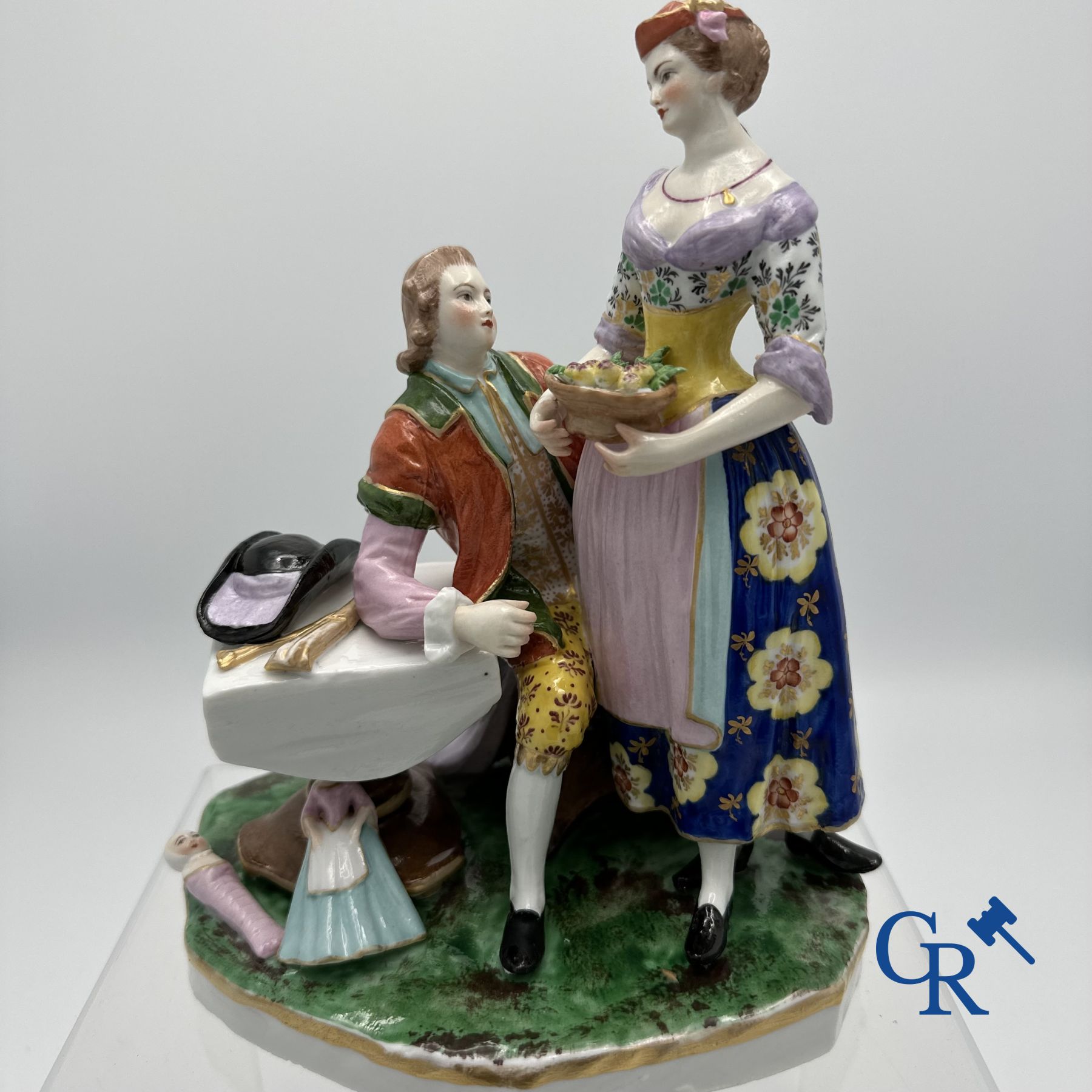 Porcelain: Group in multi-coloured decorated polychrome porcelain so-called "pâte tendre". 18th-19th century.