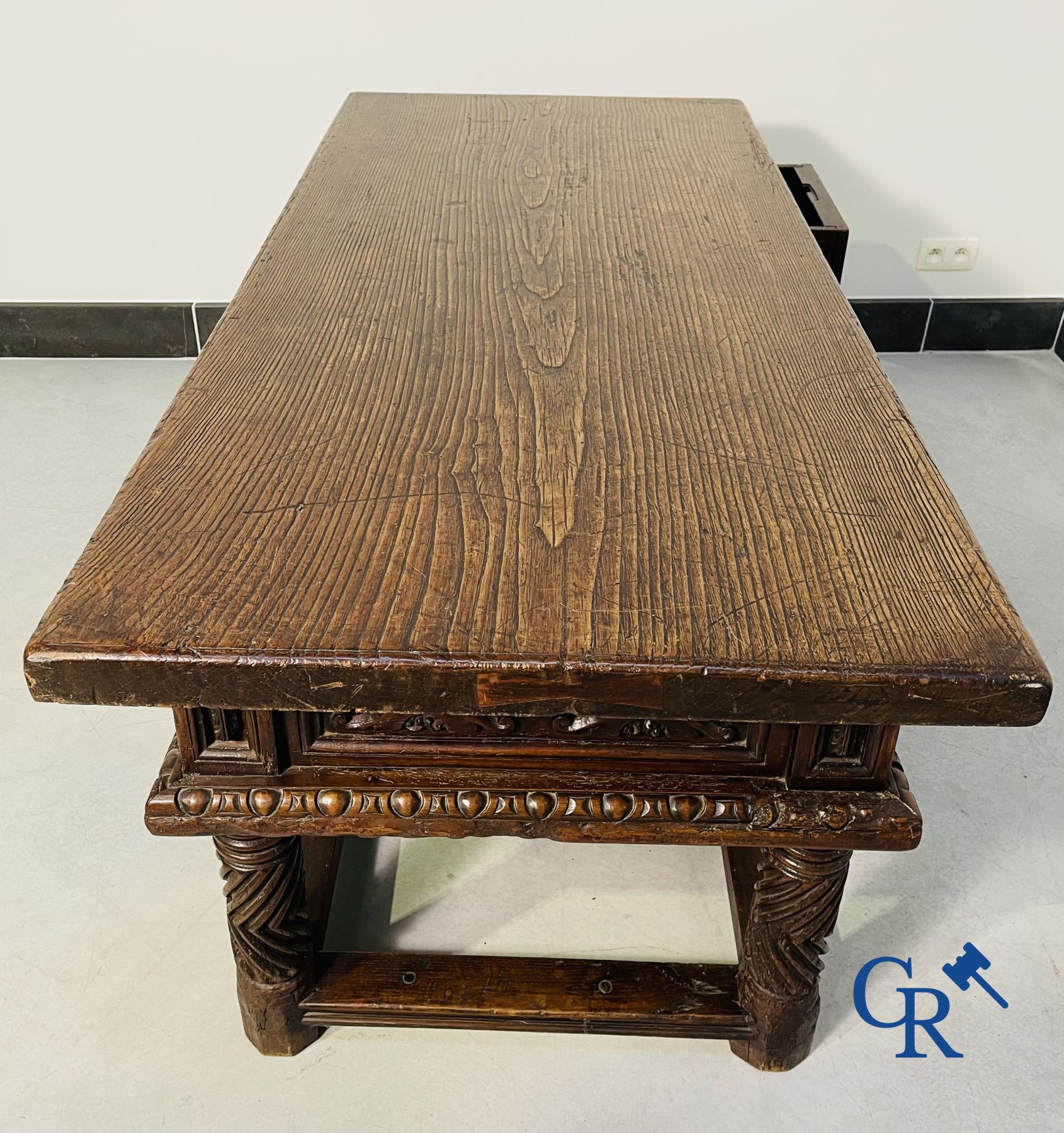 Furniture: 17th century carved walnut table with 3 drawers.