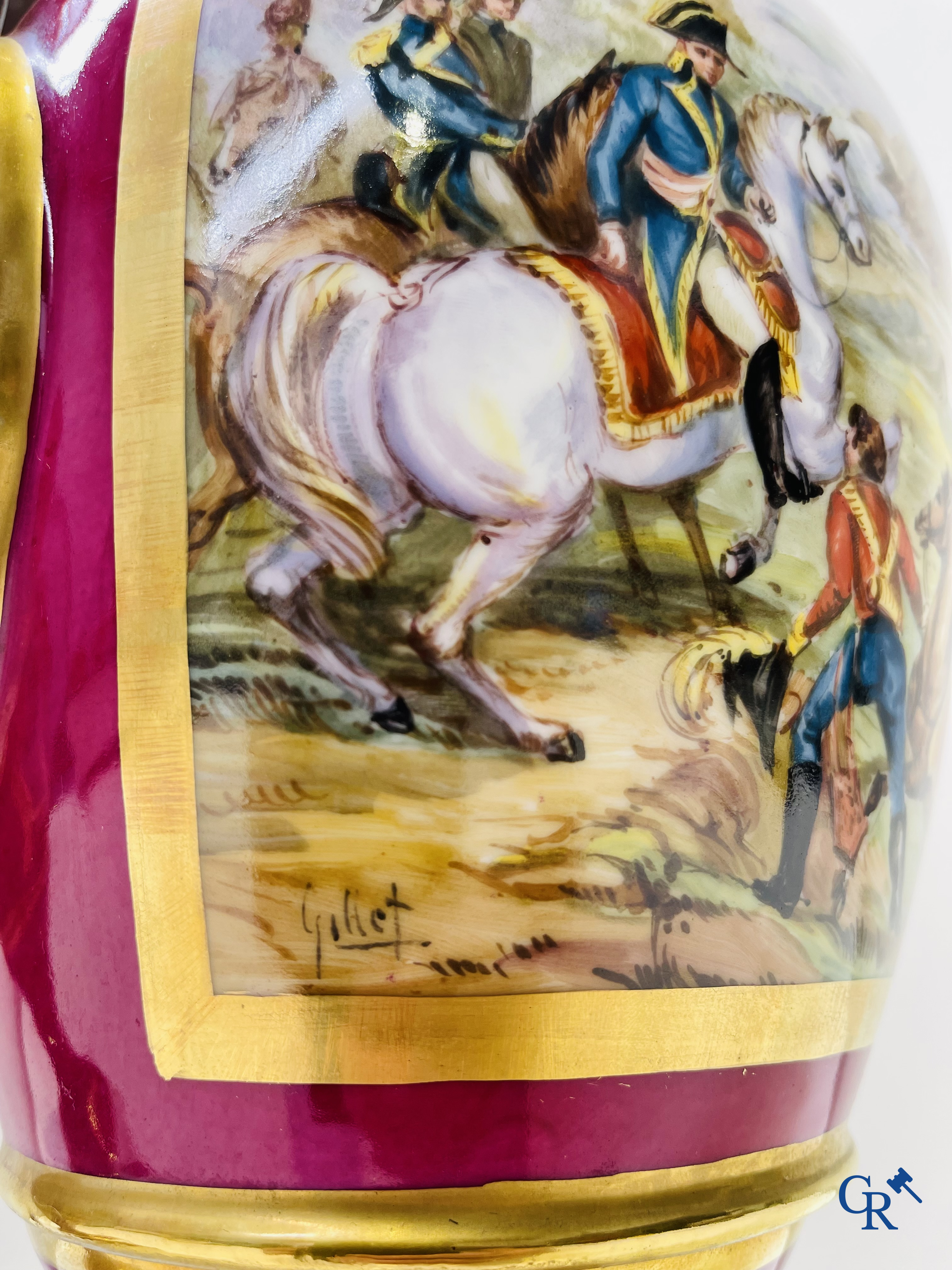 2 large hand-painted vases in Paris porcelain with scenes from the Napoleonic era. Signed Gillet.