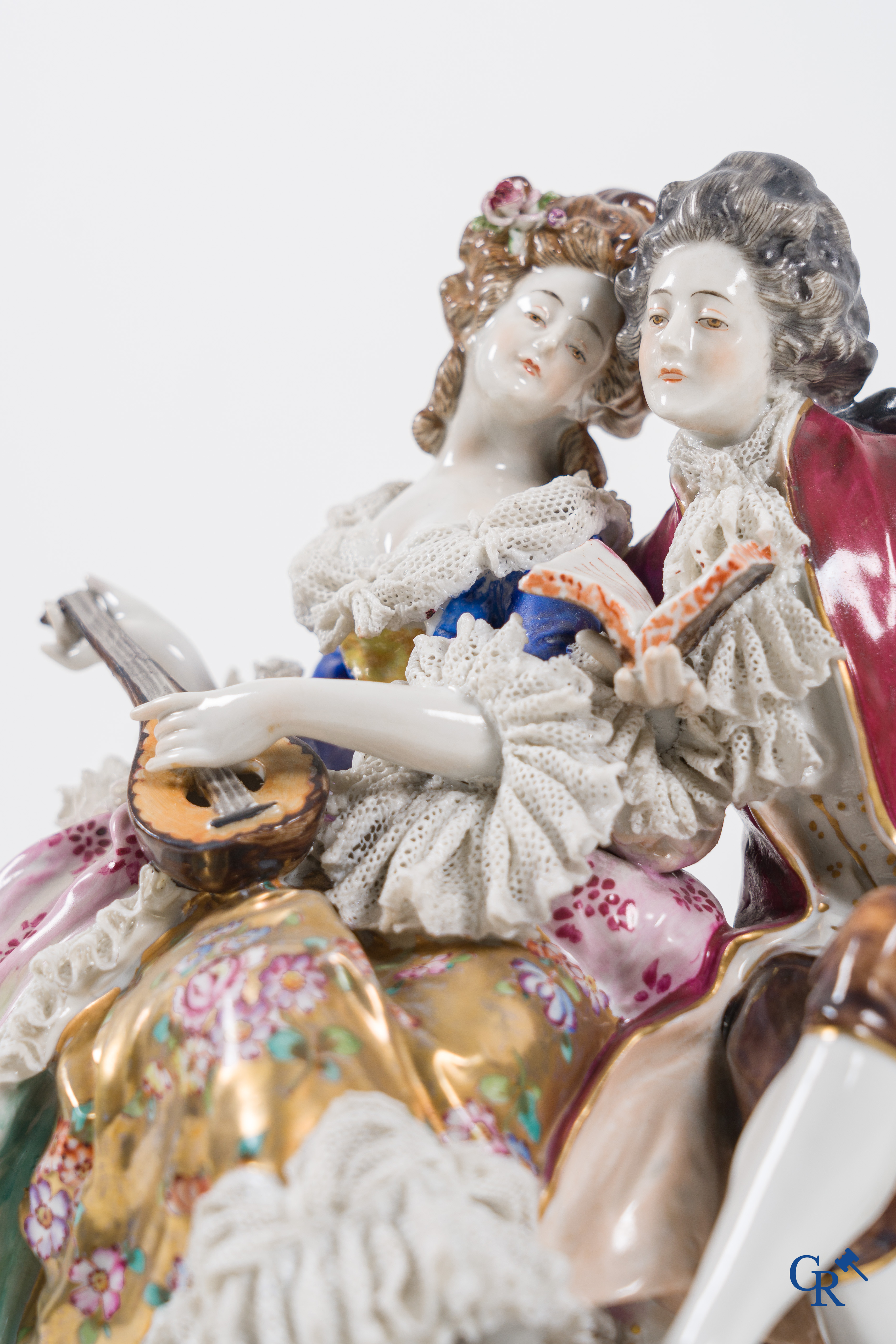 Volkstedt Rudolstadt: European porcelain, finely decorated group in lace porcelain. Music-making couple. Marked.