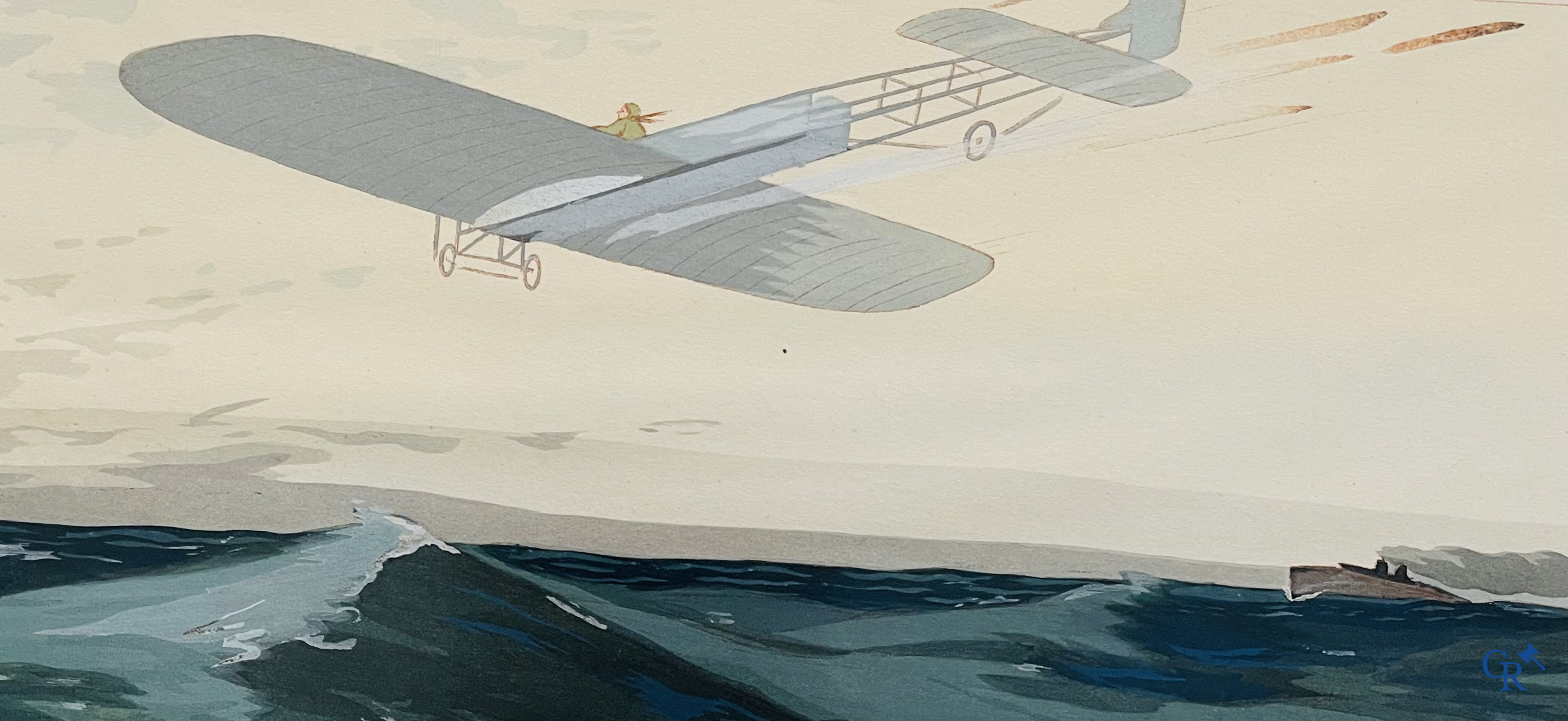 Ernest Montaut. Bleriot traversant la Manche. Kleuren lithografie,  Montaut Mabileau, copyright 1909.