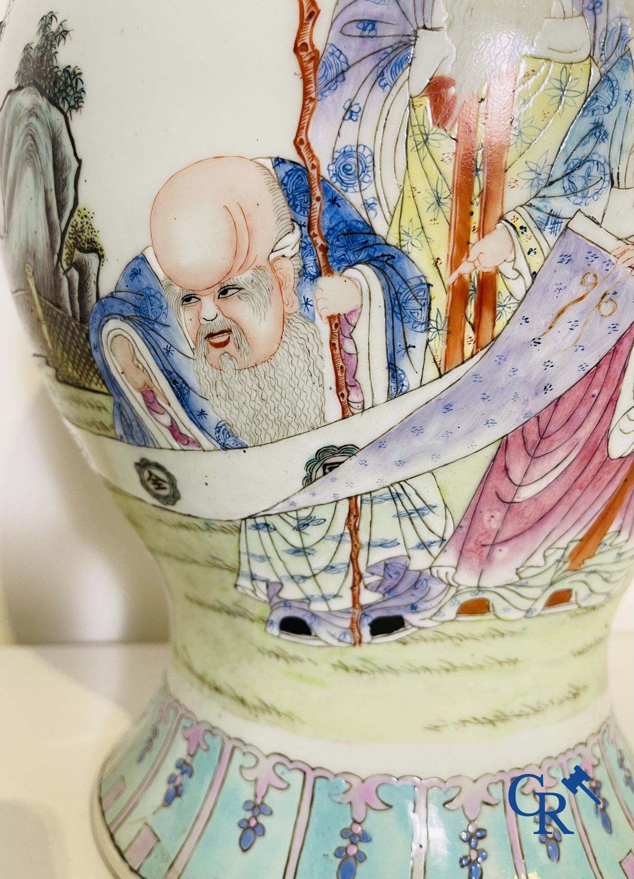 Chinese Porcelain: A Chinese famille rose lidded vase depicting Shou Lao.