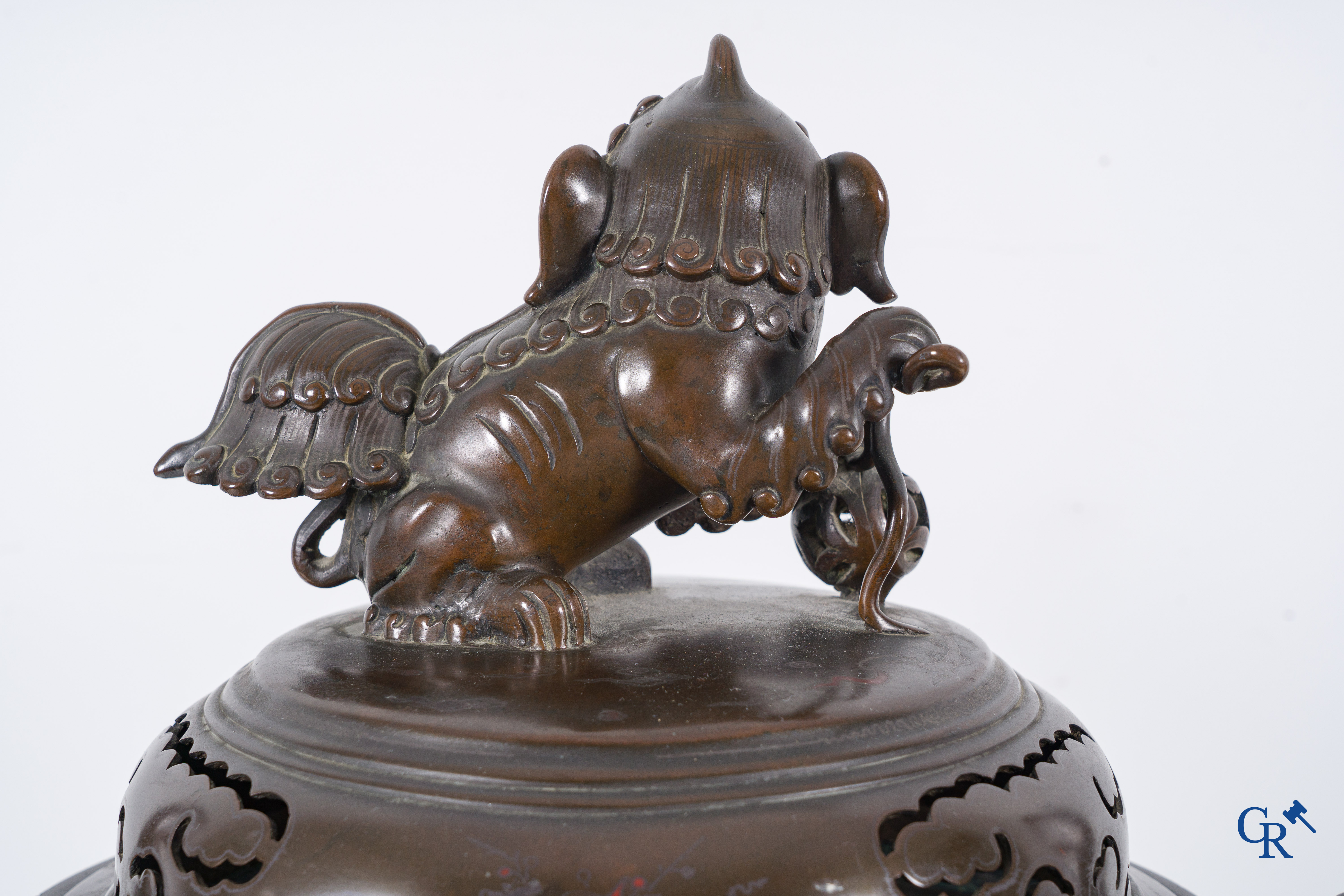 Asian Art: An impressive 3-piece Chinese bronze brûle perfume with silver and copper inlay for the Vietnamese market.