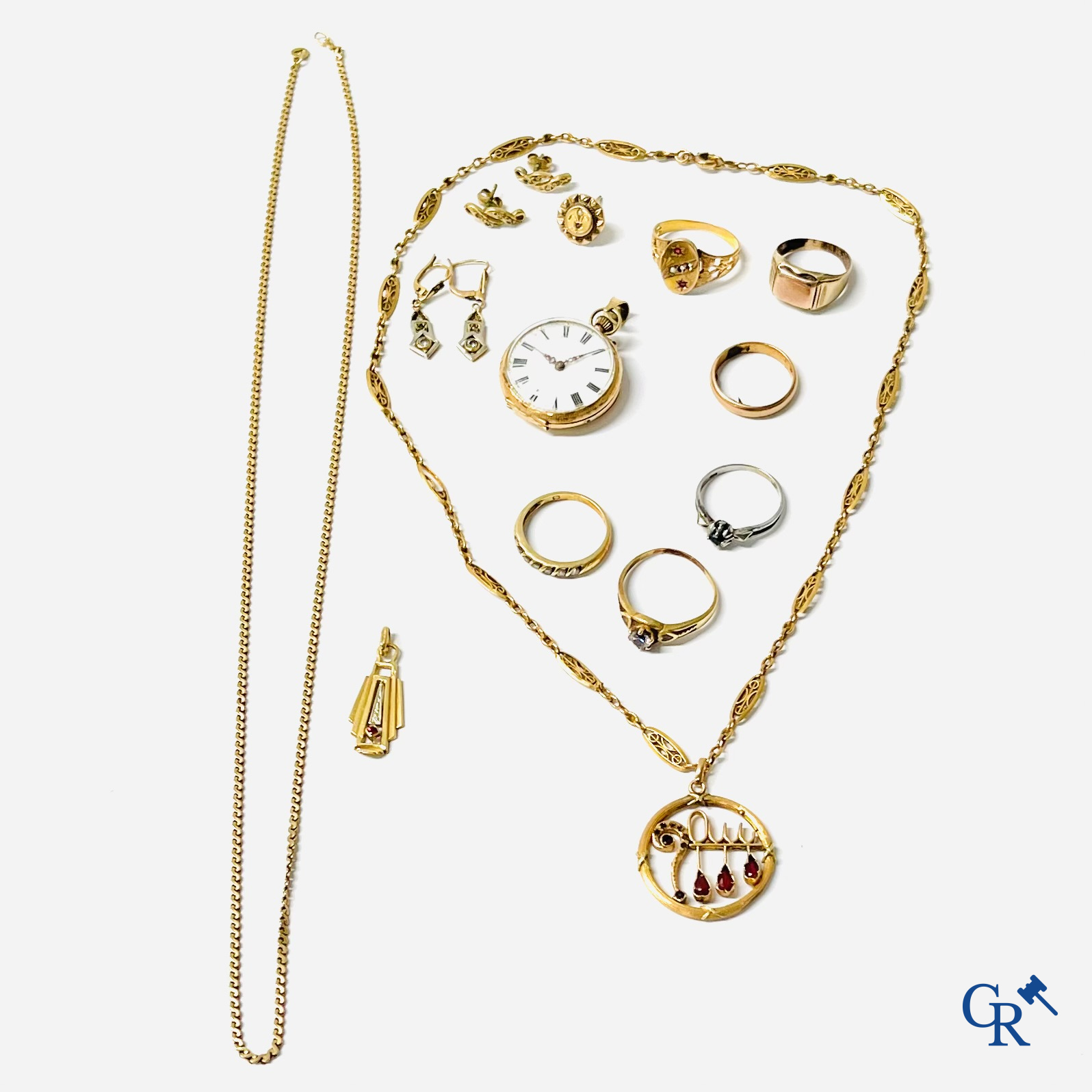 Juwelen, Horloges. Een kavel met gouden juwelen en een kleine gouden 750°/00 zakhorloge.