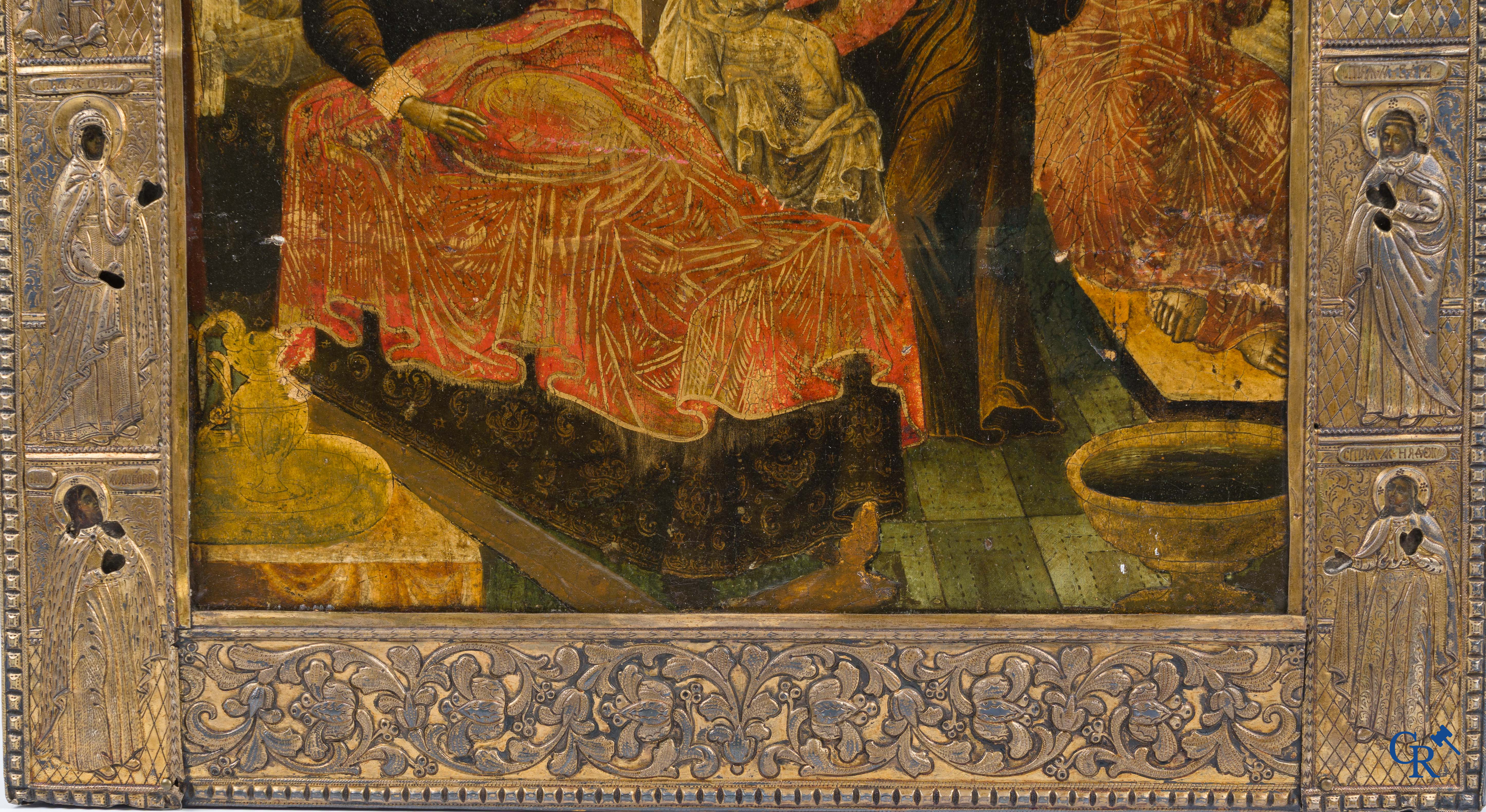 Russisch werk. De geboorte van Jezus. Grote Russische icoon met zilver oklad. Zilvergehalte 84 en gedateerd 1883.