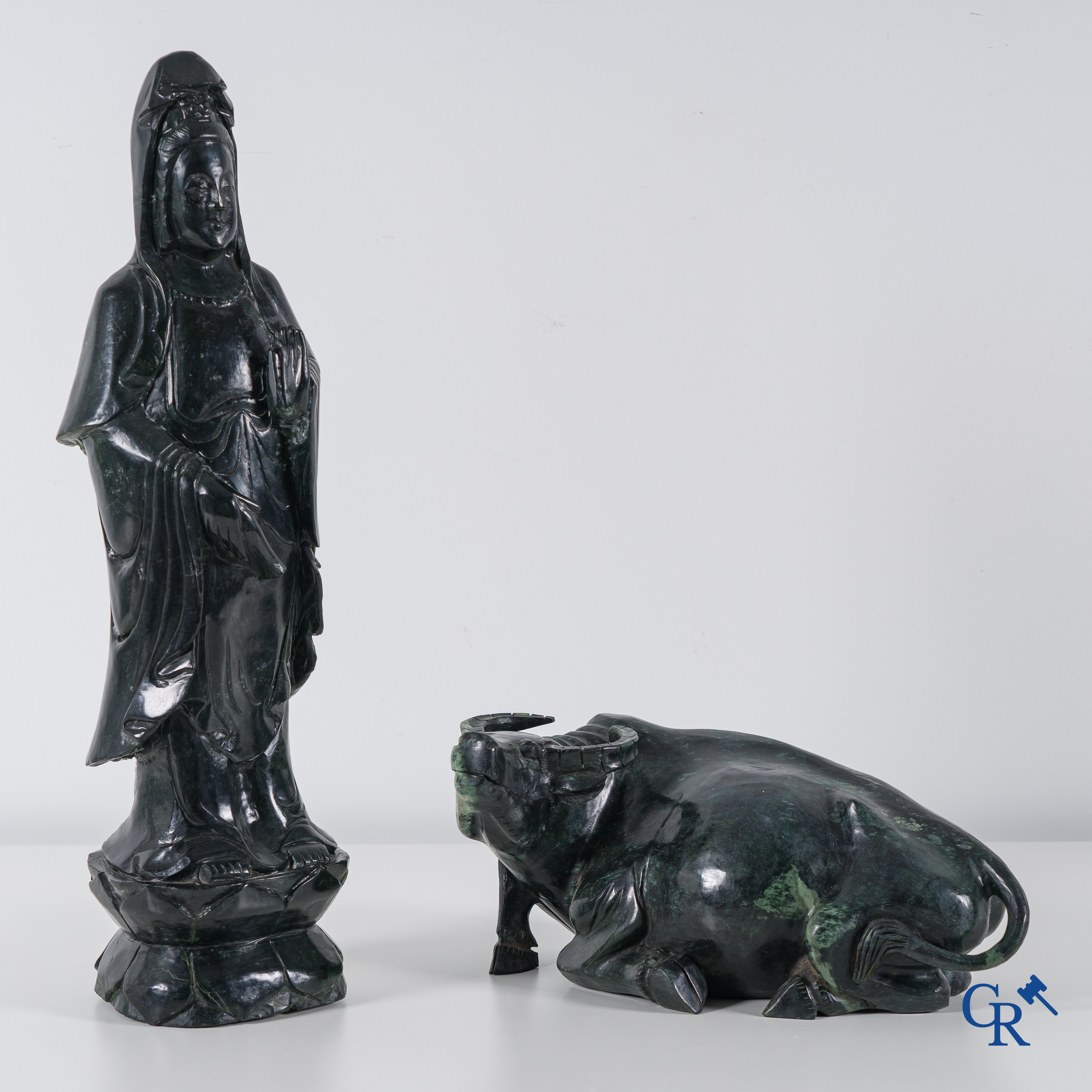 Asian Art: A Chinese water buffalo and a standing Guanyin in Jadeite. 2nd half of the 20th century.